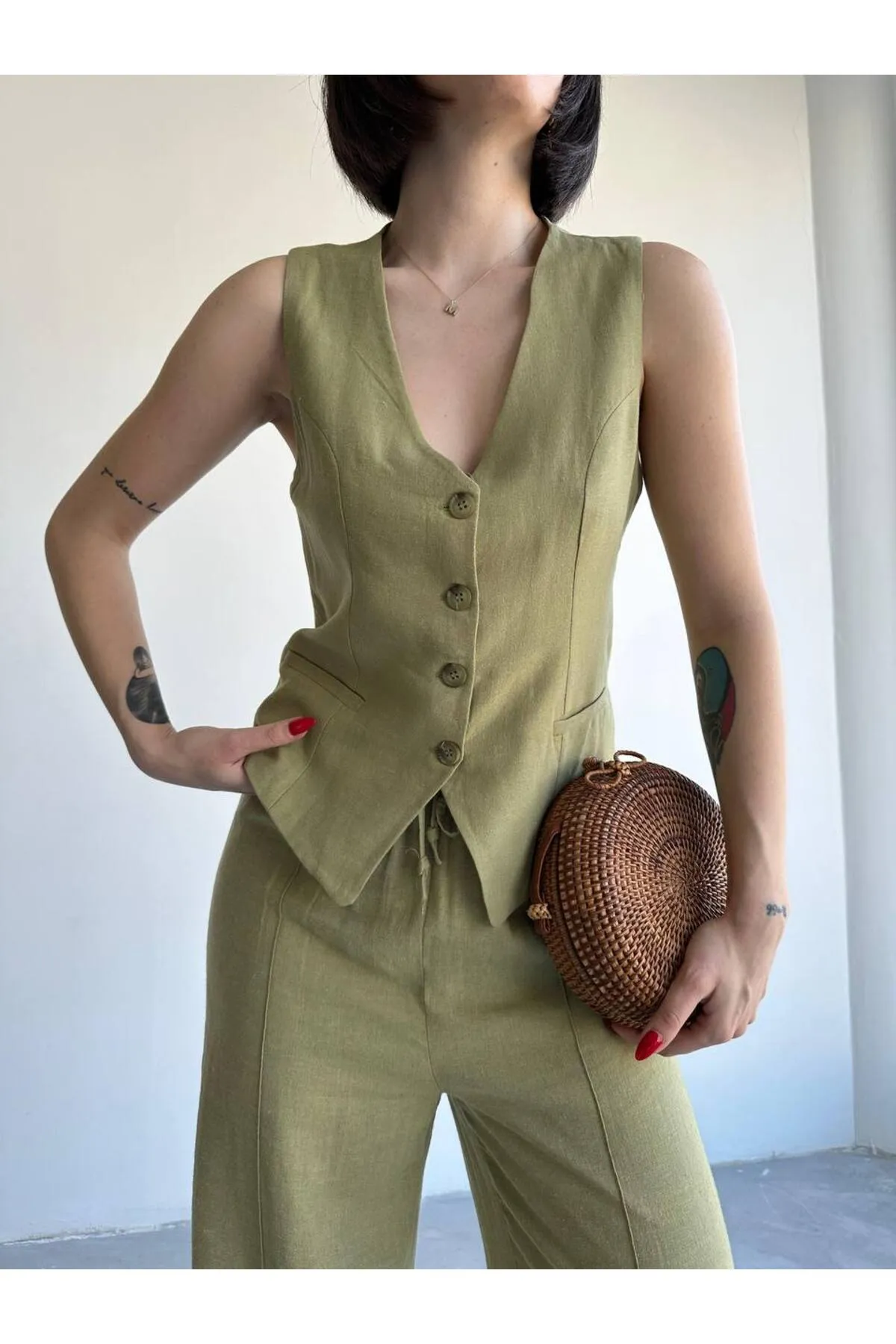 Laluvia  Khakifarbenes Lavin-Westen-Hosen-Set aus 100 % Baumwollleinen
