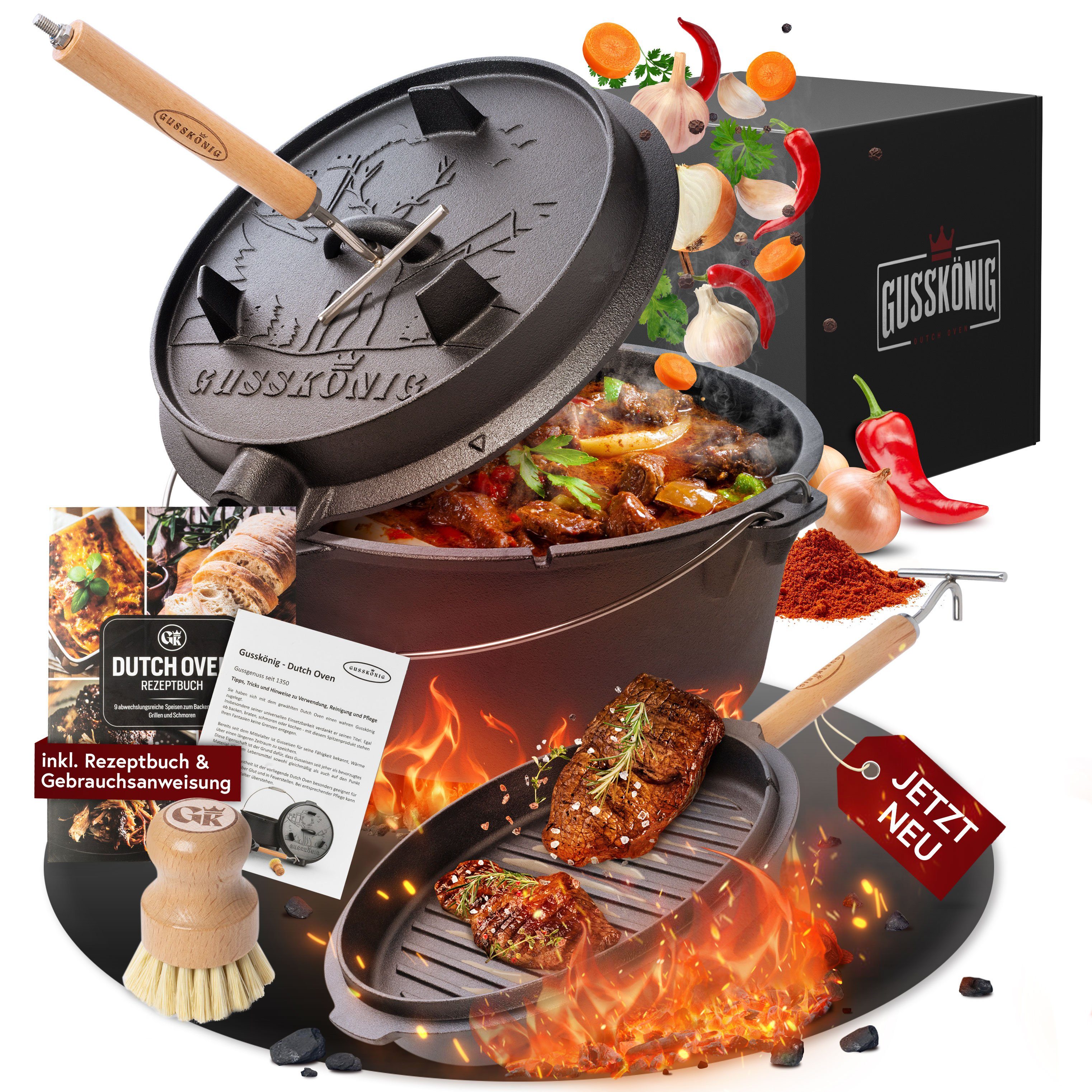 GUSSKÖNIG Grilltopf GUSSKÖNIG Dutch Oven 9L Set: inklusive Deckelheber, Bürste, Rezeptbuch