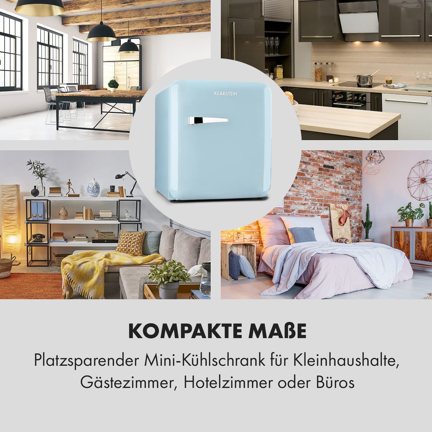 Klarstein Table Top Kühlschrank HEA13-Audrey-blue 10035309A, 50 cm hoch, 44 cm breit, Hausbar Minikühlschrank mit Gefrierfach Getränkekühlschrank klein