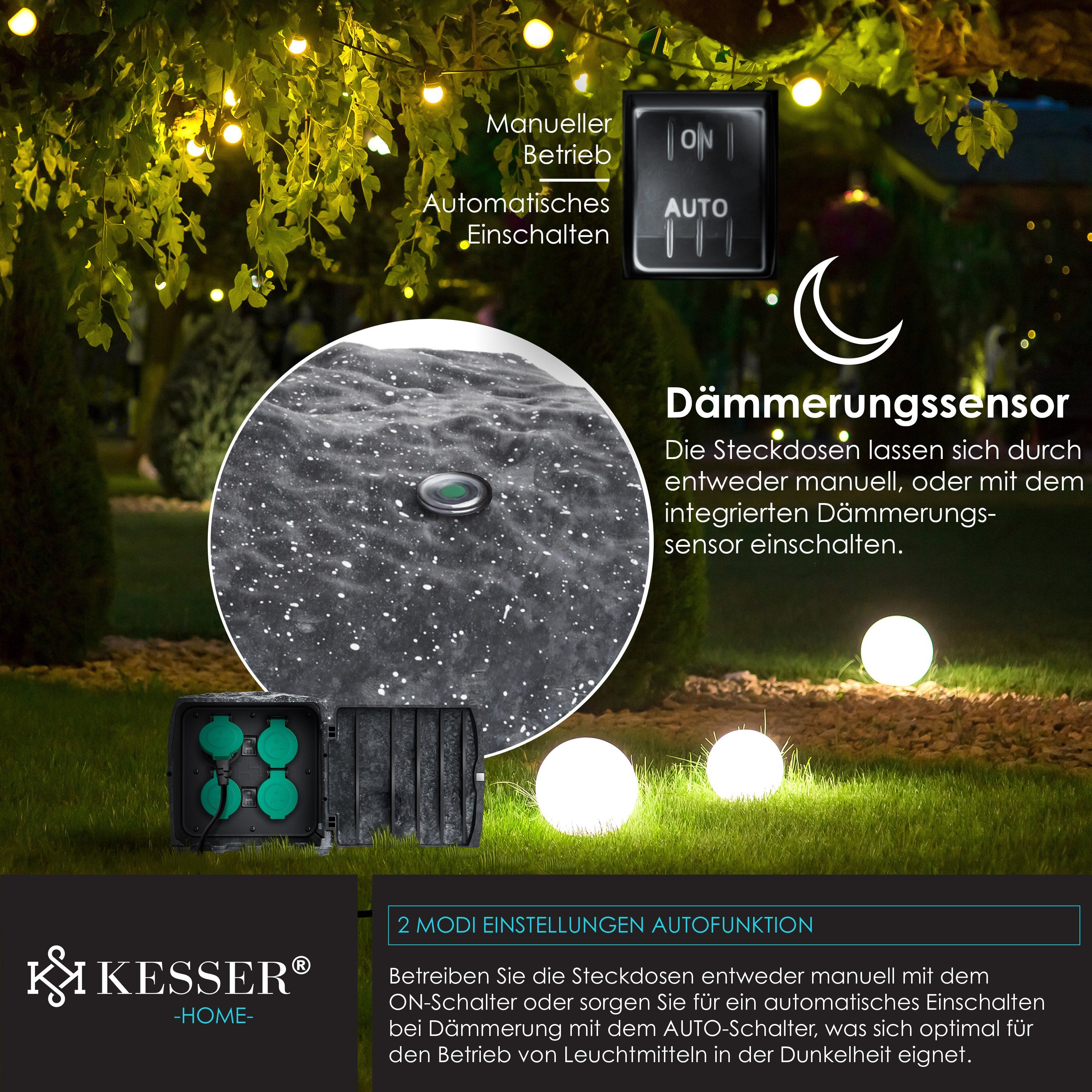 KESSER Gartensteckdose, Gartensteckdose Steinoptik mit Steckplätzen Inkl.Erdspieß