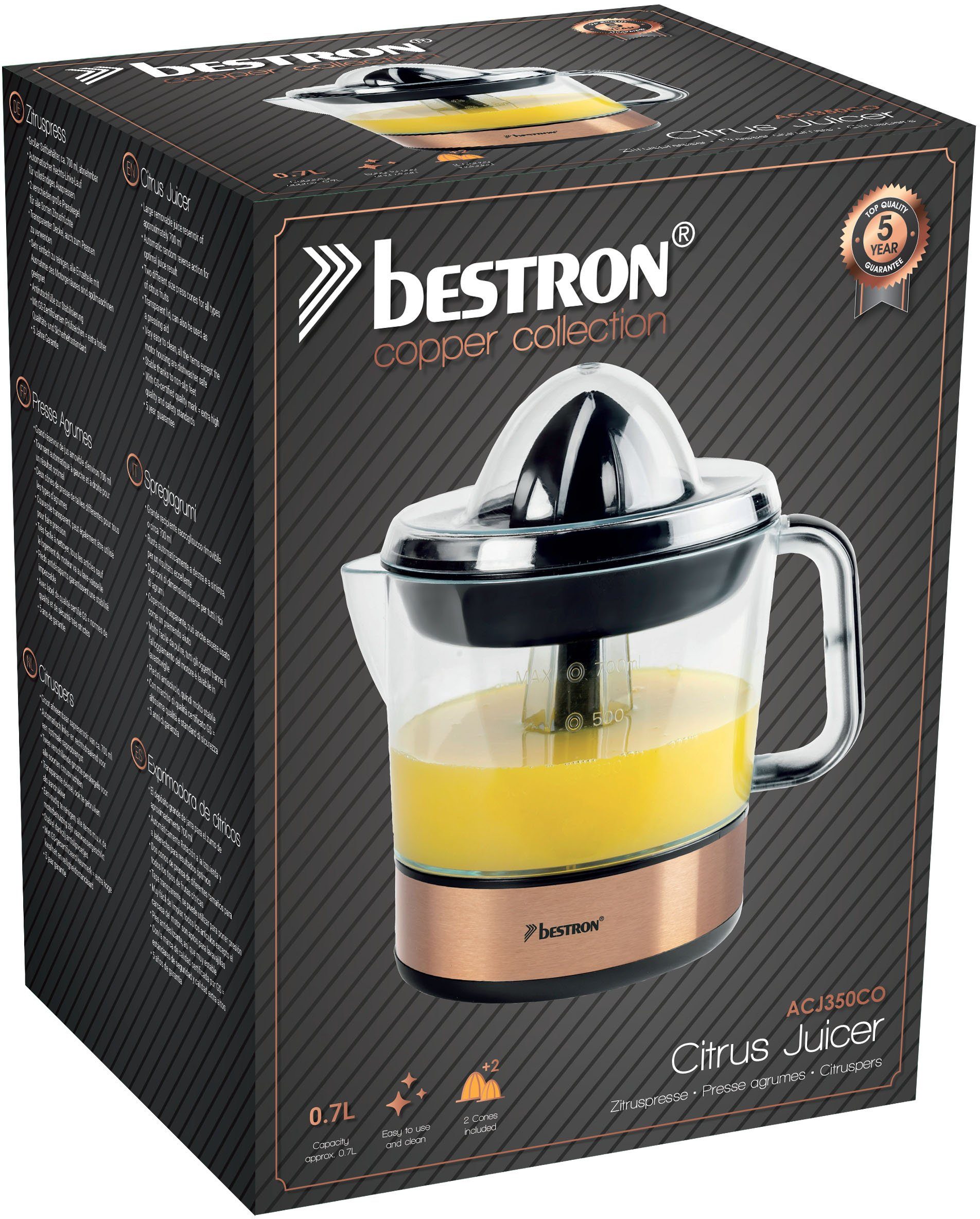 bestron Zitruspresse ACJ350CO, 40 W, inkl. 2 Presskegel, Aromadeckel, zwei Drehrichtungen, Füllmenge 0,7 L