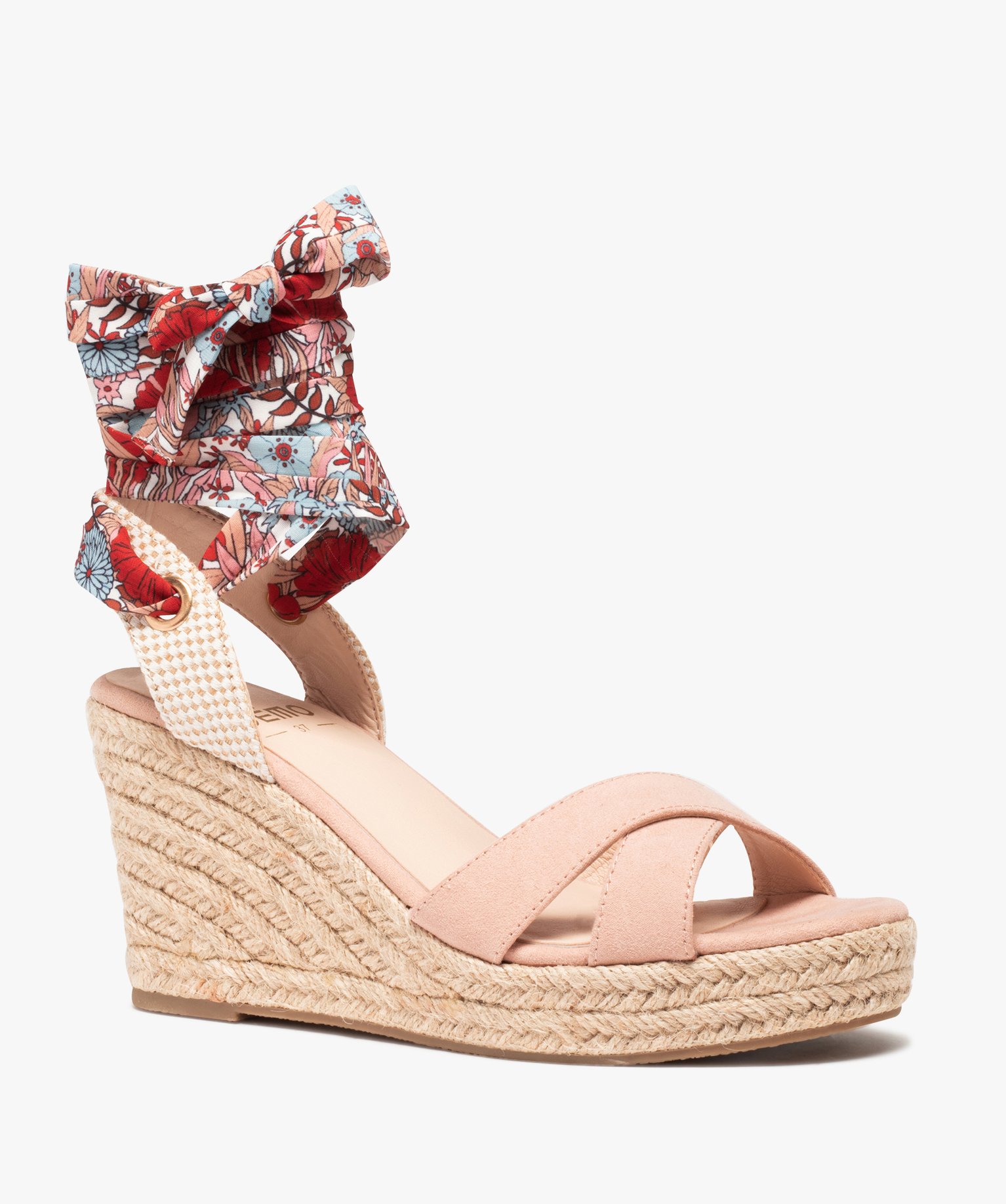 Sandales femme compensées en suédine et bride foulard rose | GEMO