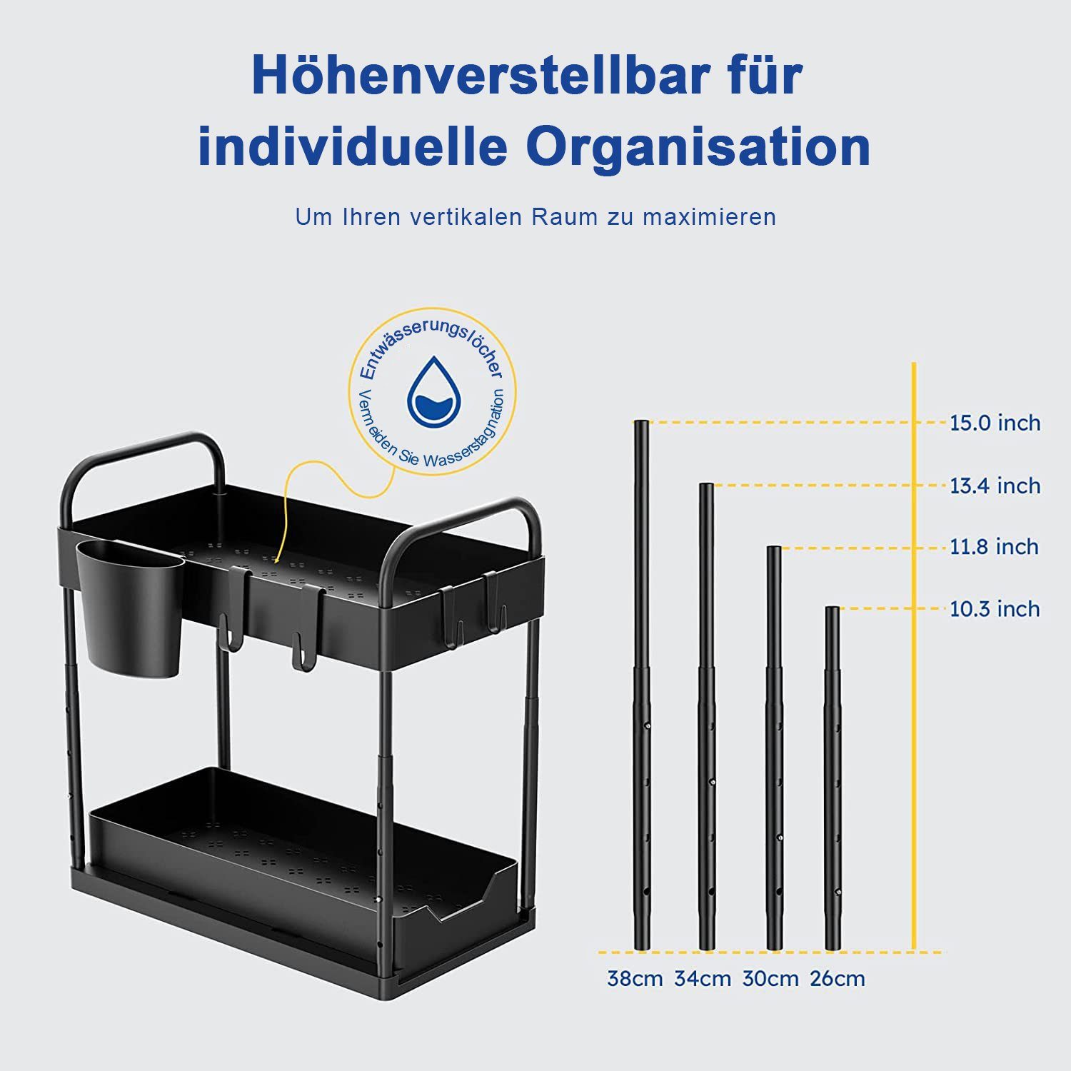 Kpaloft Ablageregal 2-stöckiger Organizer mit 4 Haken 2 Etagen & 1 Hängebeche, Spülschrankregal Waschbecken Regal, Unter der Spüle Schiebeschrank Regal Organizer für Badezimmer, Küchen