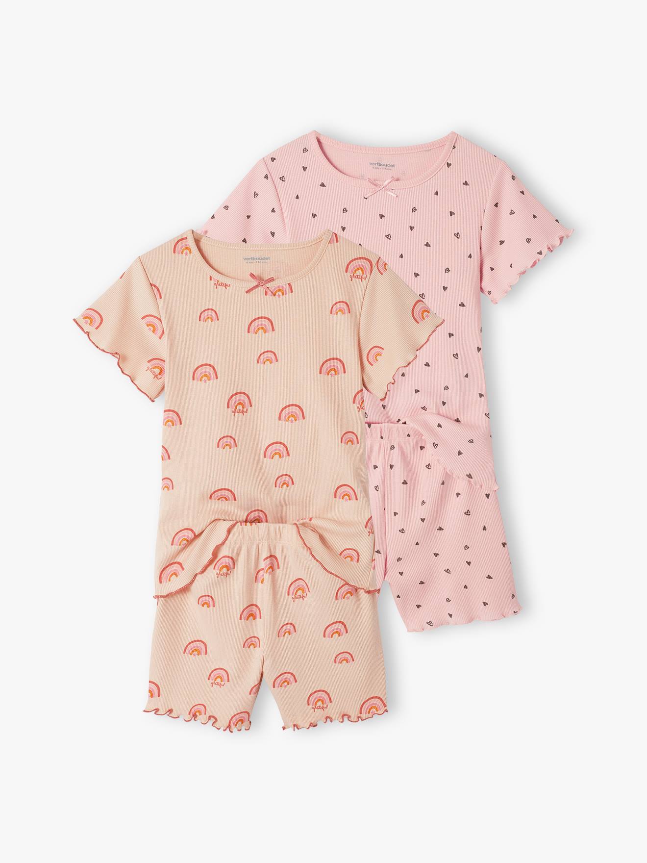 Lot de 2 pyjashorts fille imprimés en maille côtelée rose poudré