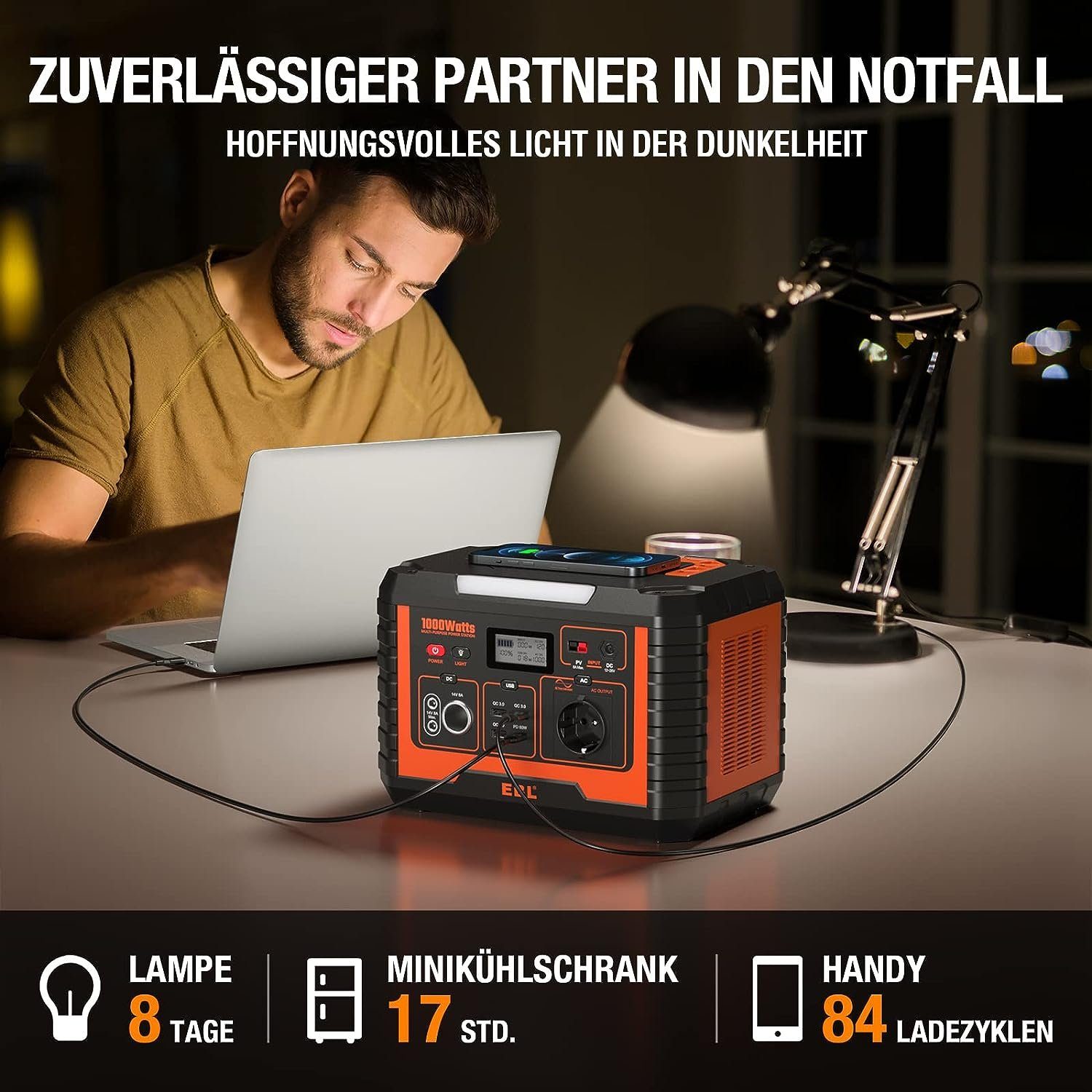 EBL Stromerzeuger Solargenerator 1000W und 2x100W Solarpanel Tragbare Powerstation, 1,00 in kW, (1-tlg), für Outdoor-Camping, Notfall zu Hause, Wohnmobil