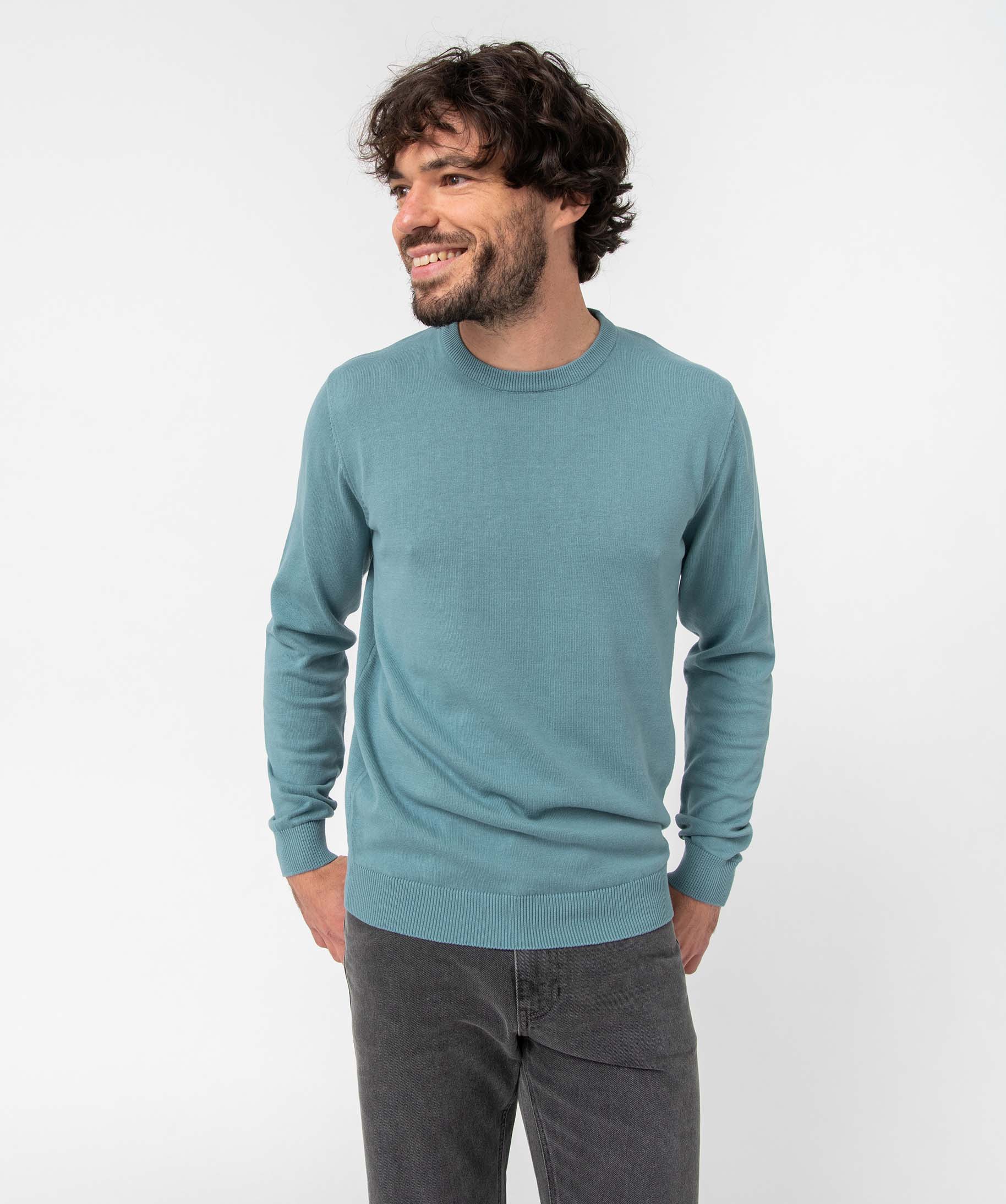 Pull homme à col rond en coton bleu | GEMO