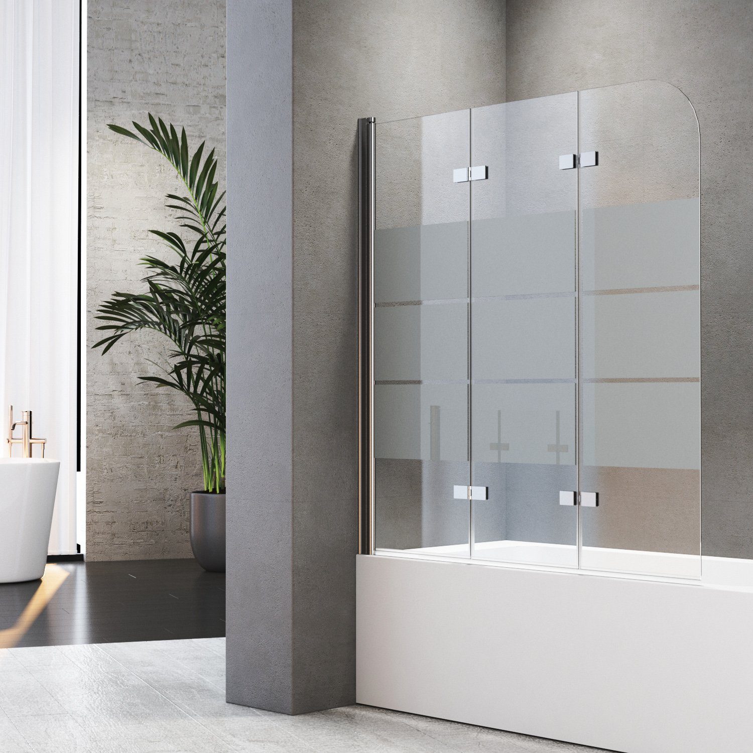 Boromal Badewannenaufsatz Glas 140 x 140cm 3 teilig Duschwand für Badewanne faltbar 180°, 5mm Sicherheitsglas, (Badewannenfaltwand, milchglas), Hebe- / Senkfunktion, Rechts-und Links montierbar
