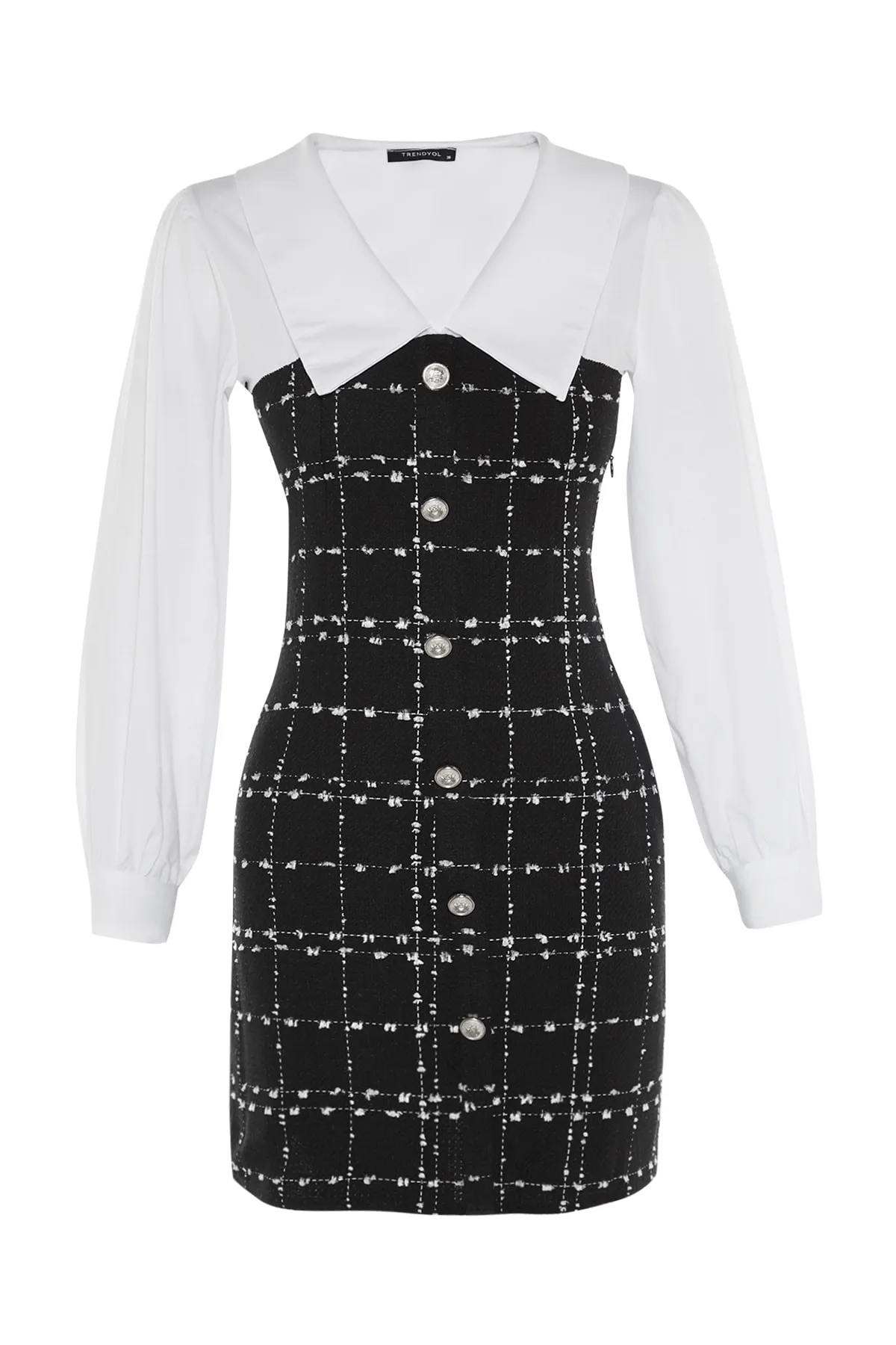 Trendyol Collection  Schwarzes Mini-Webkleid aus Tweed mit Hemdkragen in A-Linie TWOAW23EL00701