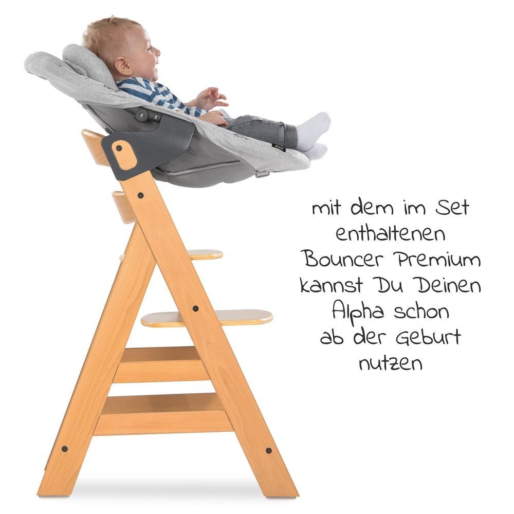 Hauck Hochstuhl Alpha Plus Natur XL Newborn Set (Set, 5 St), Babystuhl ab Geburt, Aufsatz für Neugeborene, Essbrett, Sitzauflage