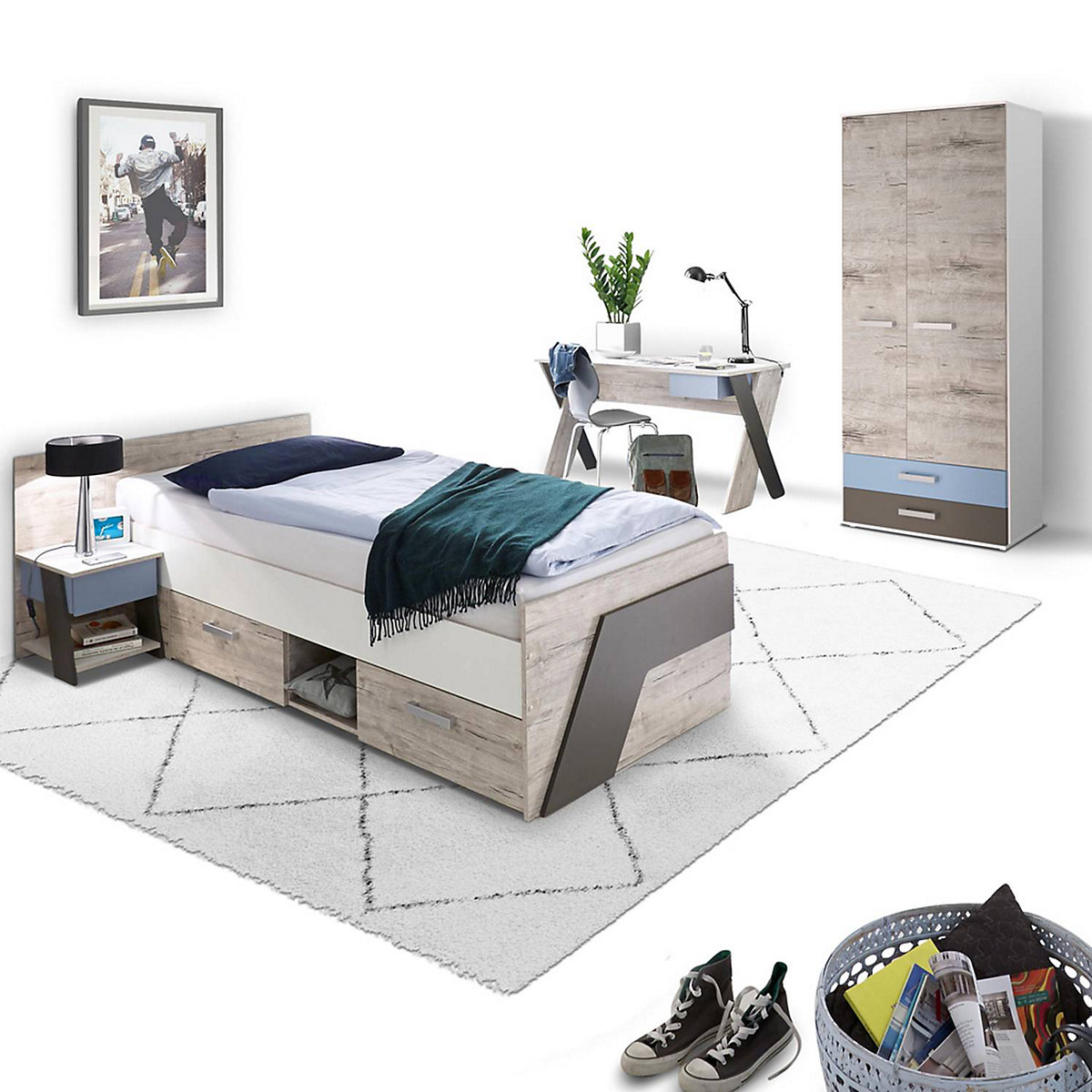 Jugendzimmer Set mit Bett 90x200 cm 3-teilig mit Kleiderschrank LEEDS-10 in Sandeiche Nb. mit weiß, Lava und Denim Blau