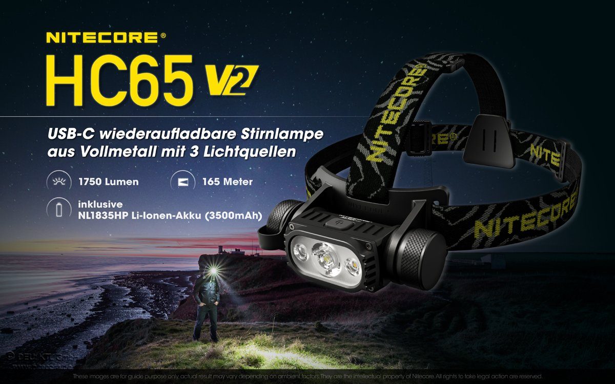 Nitecore LED Stirnlampe HC65 V2 Kopflampe - 1750 Lumen - 3 Lichtquellen Stirnlampe Lampe (1-St)