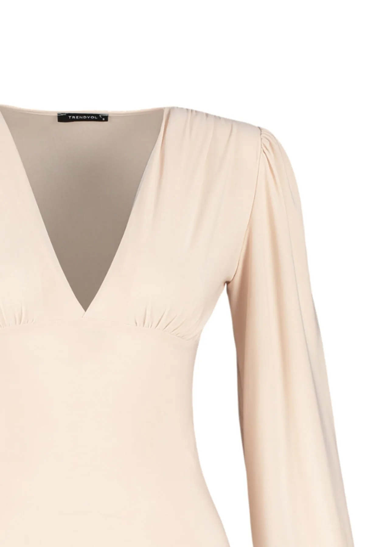 Trendyol Collection  Steinfarbener, taillierter/körperbetonter, flexibler Strickbody mit Druckknöpfen und V-Ausschnitt mit Ballonärmeln TWOSS23BD00030