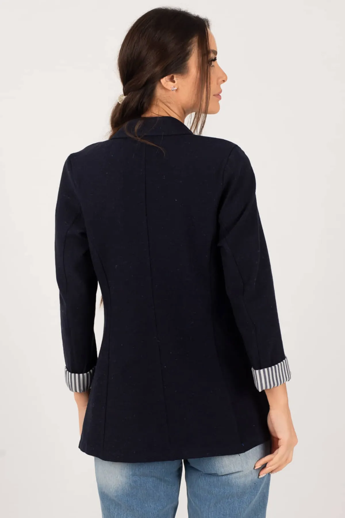 armonika  Damen-Jacke mit einem Knopf, dunkelblau, innen gestreift, ARM-22K001122