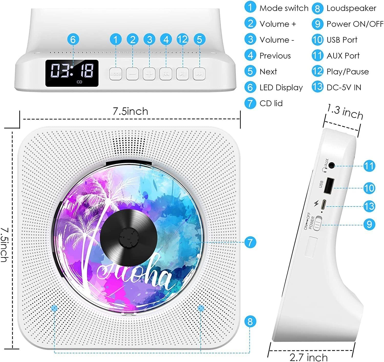 ASLENY Tragbarer CD-Player mit Bluetooth, Desktop für Zuhause CD-Player (FM-Radio-Boombox mit Fernbedienung, USB-Anschluss, LCD-Display)
