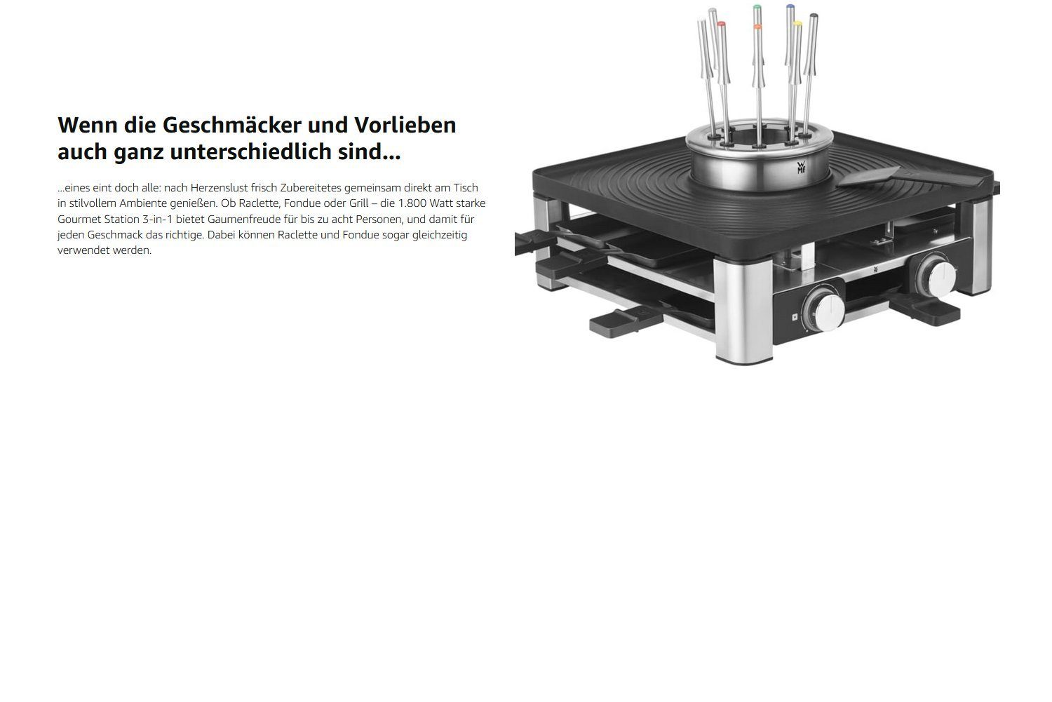 WMF Raclette und Fondue-Set 3in1 Gourmet Station für 8 Personen, Raclette Fondue Kombi, 8 Raclettepfännchen, 1800,00 W, Silvester, Weihnachten, Raklett, 4 Personen, 2 Personen, 6 Personen
