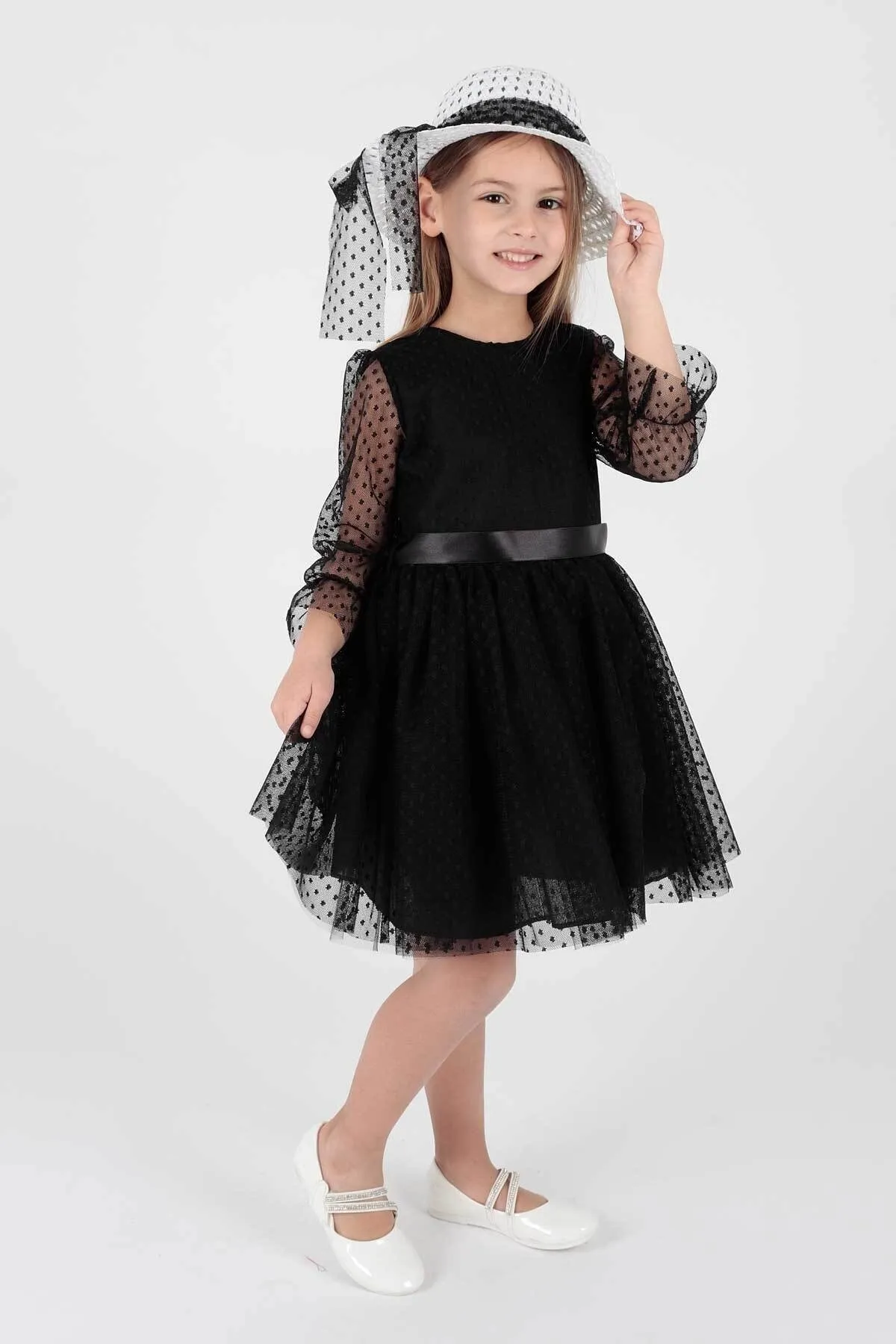 AHENGİM  Trendiges Abendkleid für Mädchen mit Hut und Tüllspitze Ak2228