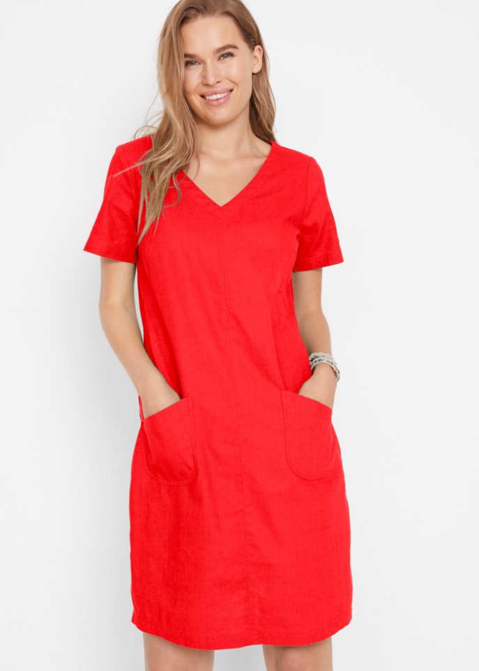 Knielanges Kleid mit Leinen und V-Ausschnitt, Halbarm