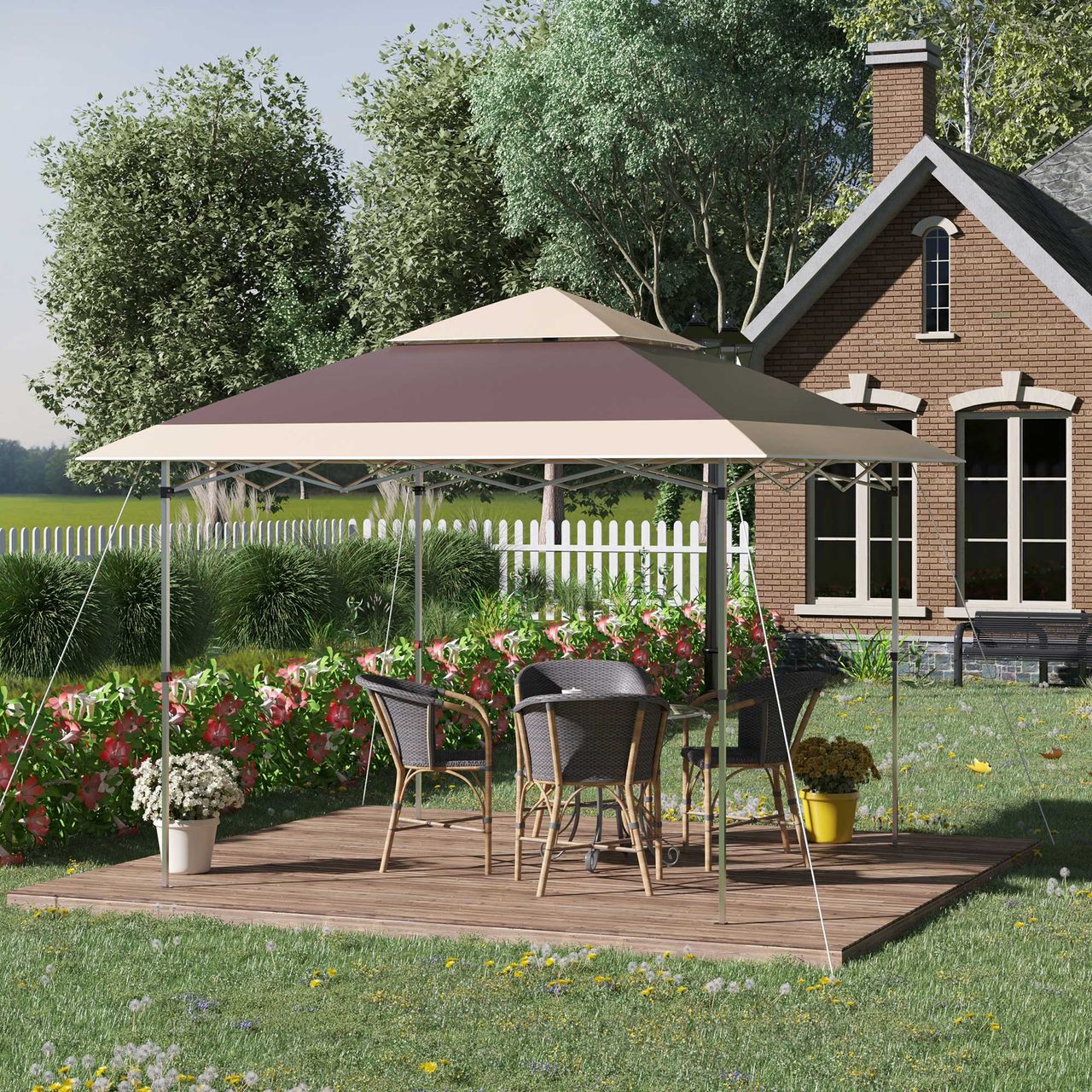 Outsunny Faltpavillon Pop-Up-Zelt Gartenpavillon Rollentasche Oxford-Gewebe 3,6 x 3,6 m Dunkelbraun   khaki