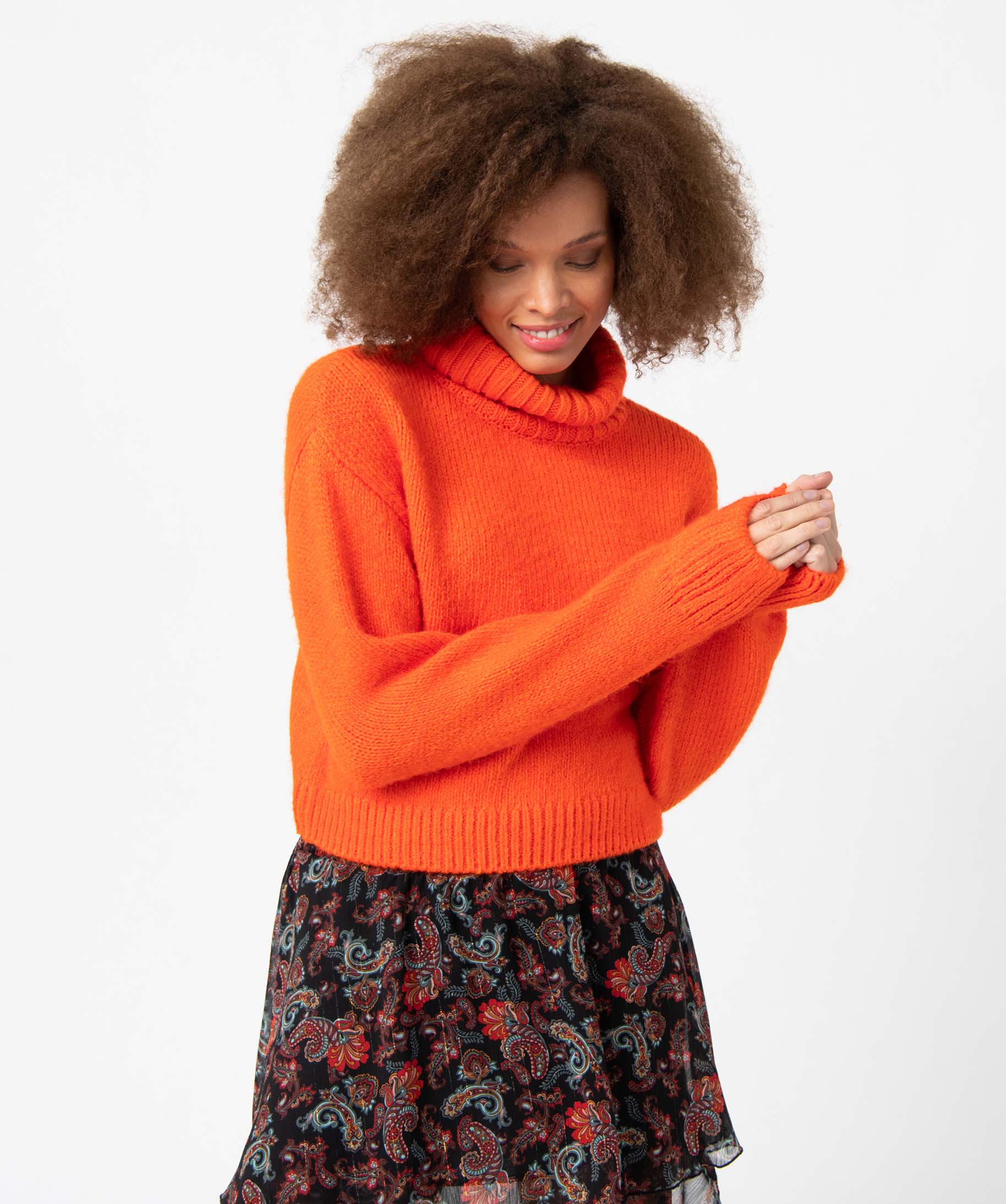 Pull femme à col roulé coupe courte orange | GEMO