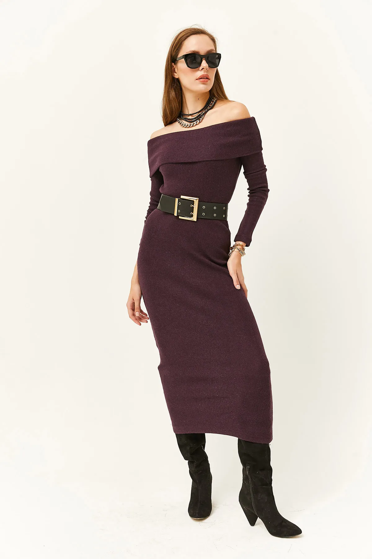 Olalook  Pflaumenfarbenes langes Kleid aus Lycra mit Madonna-Kragen für Damen ELB-19000752