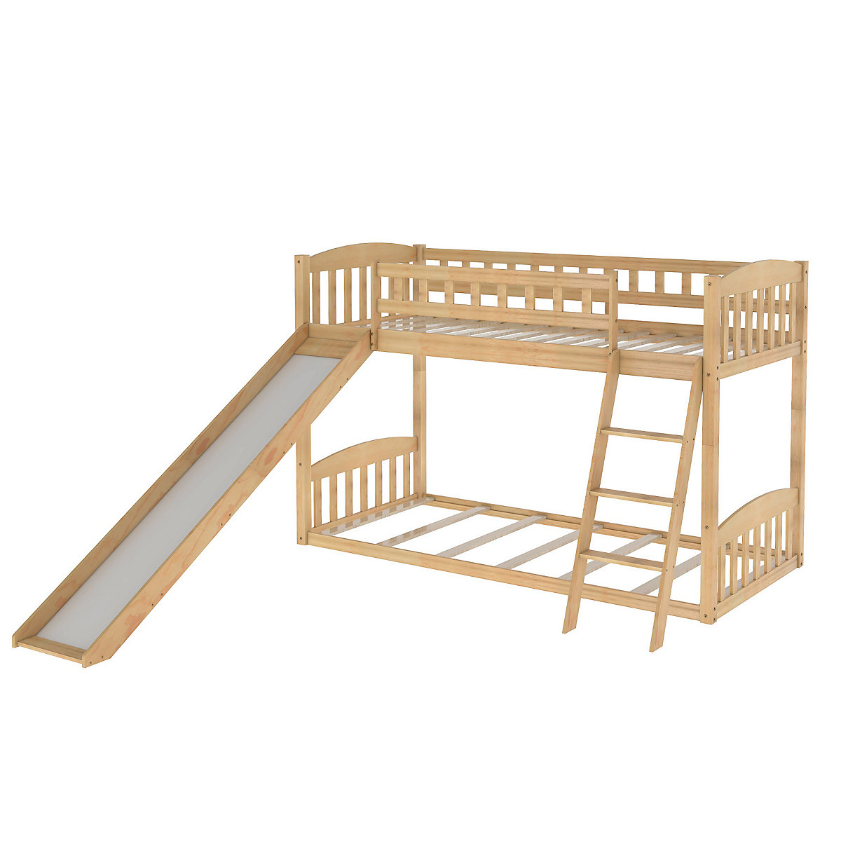 Etagenbett mit Rutsche, Niedriger Kinderbett Etagenbettrahmen Massives Kiefernbett 90 x 200 cm