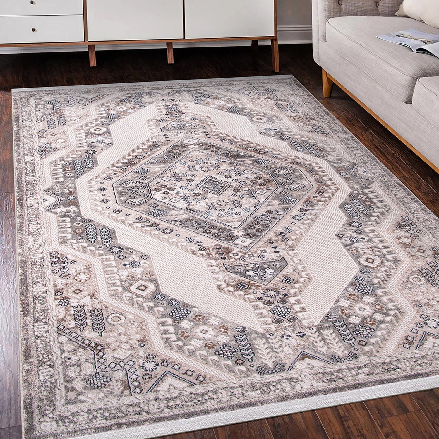 Designteppich Designer Wohnzimmer Carpetilla Richmond Teppich Orient Creme Grau, Carpetilla, Rechteckig, Höhe: 10 mm, Wohnzimmer, Kinderzimmer, Kurzflor
