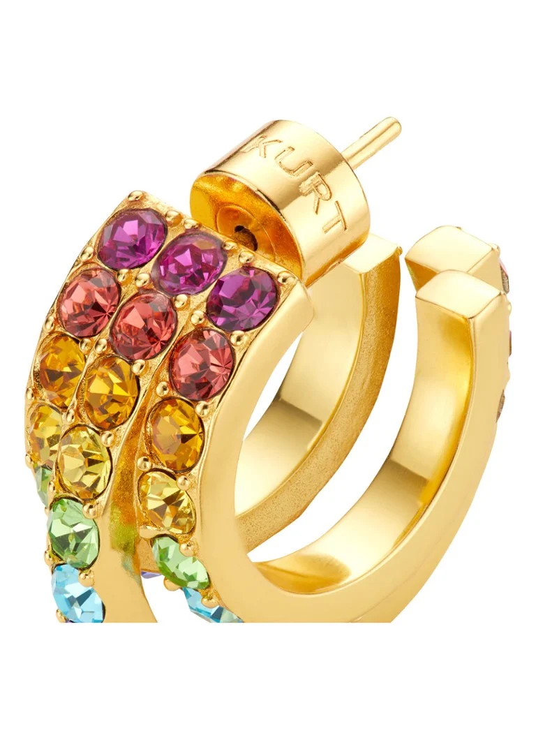 Orecchini a triplo cerchio arcobaleno di Kurt Geiger, impreziositi da cristalli.