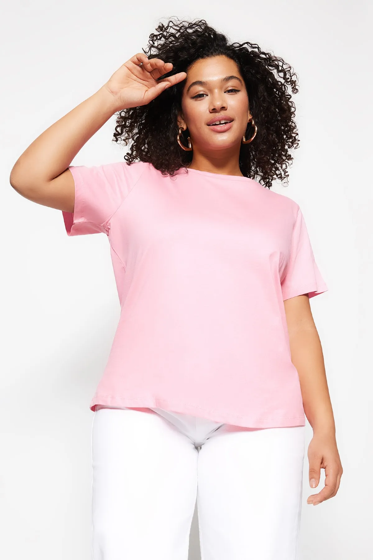 Trendyol Curve  Rosa Basic-Strick-T-Shirt mit Rundhalsausschnitt TBSSS22TS0733