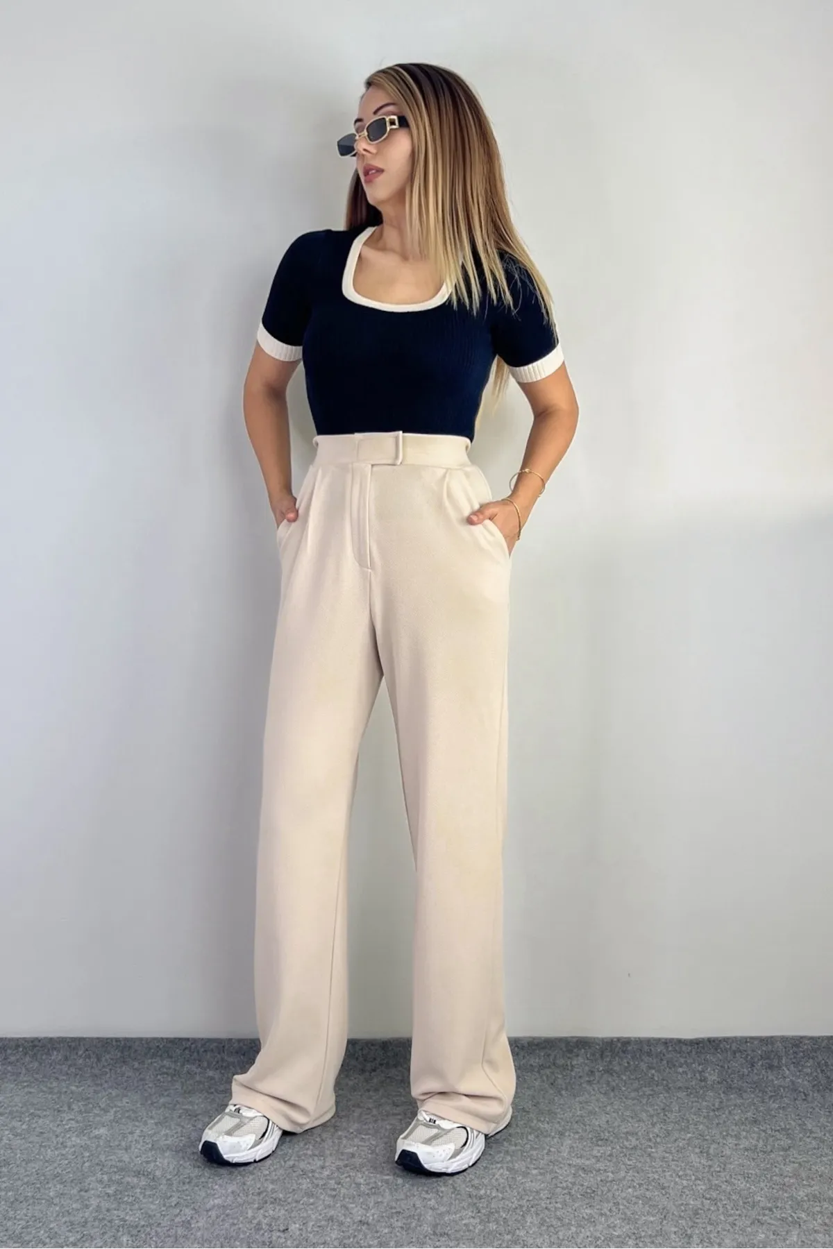 Ritnice  Line Palazzo-Hose aus Lycra für Damen mit Klettverschluss, Hellbeige
