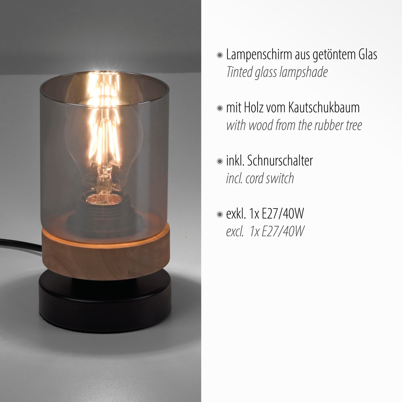 JUST LIGHT Tischleuchte PASQUAL, 1-flg, E27, Glas in Rauchglas-Optik, schwarz , IP20