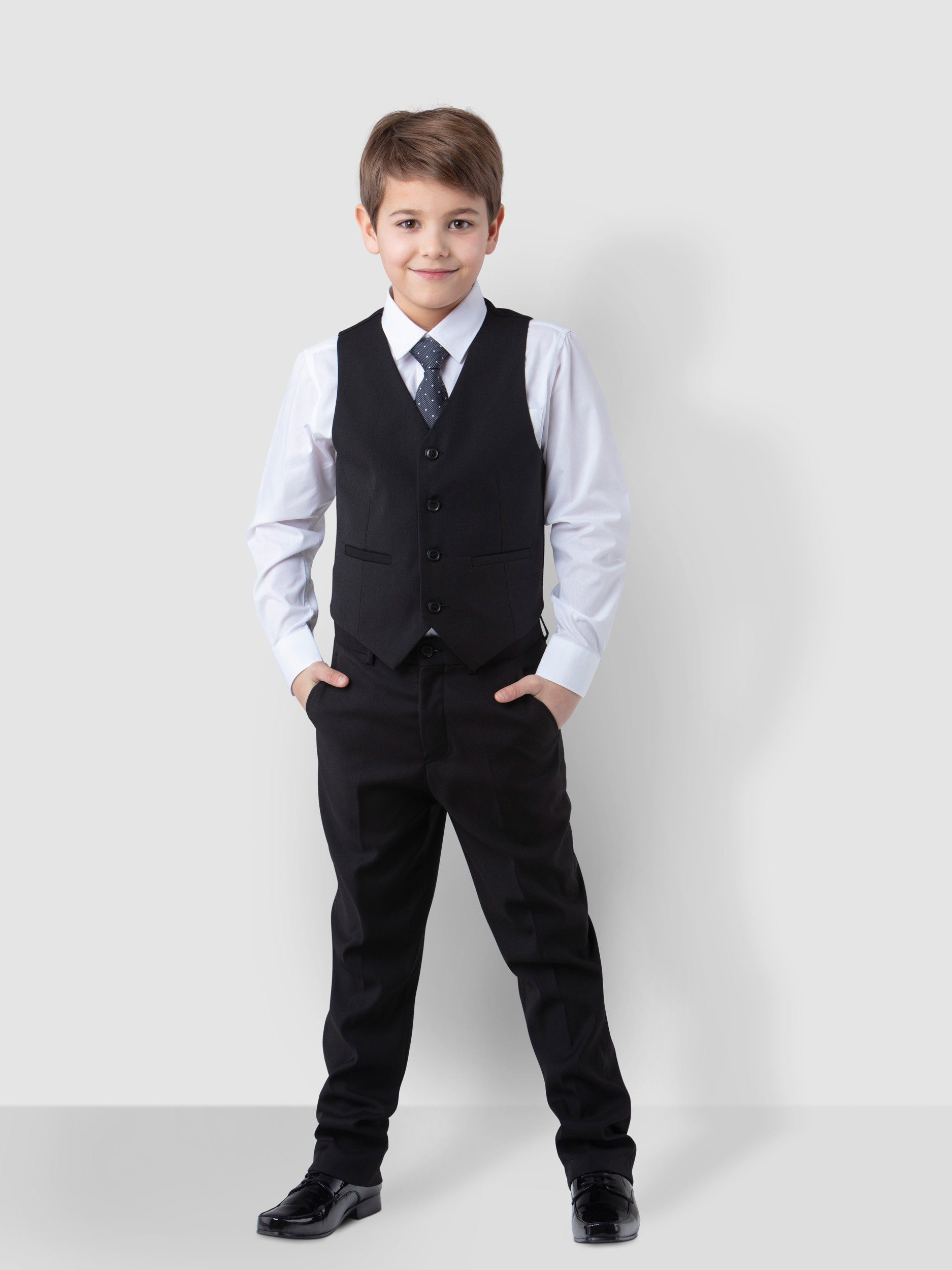 Melli-Trends Kinderanzug Luxuriöser Jungen Anzug Kommunionanzug 6-teilig, in Schwarz (Sakko, Weste, Hemd, Hose, Krawatte und Einstecktuch) festlich, elegant