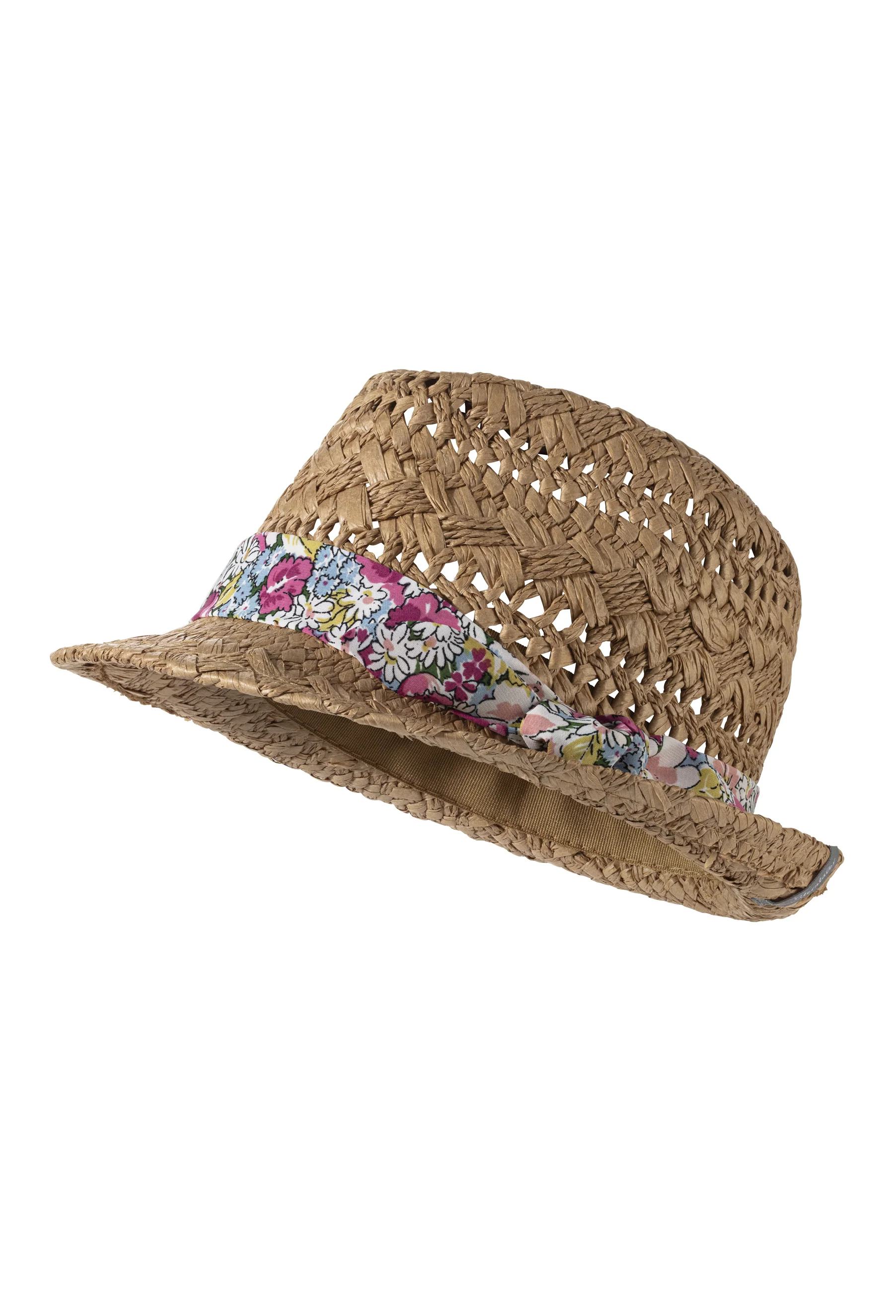 Strohhut verziert mit farbigem Blumenband
