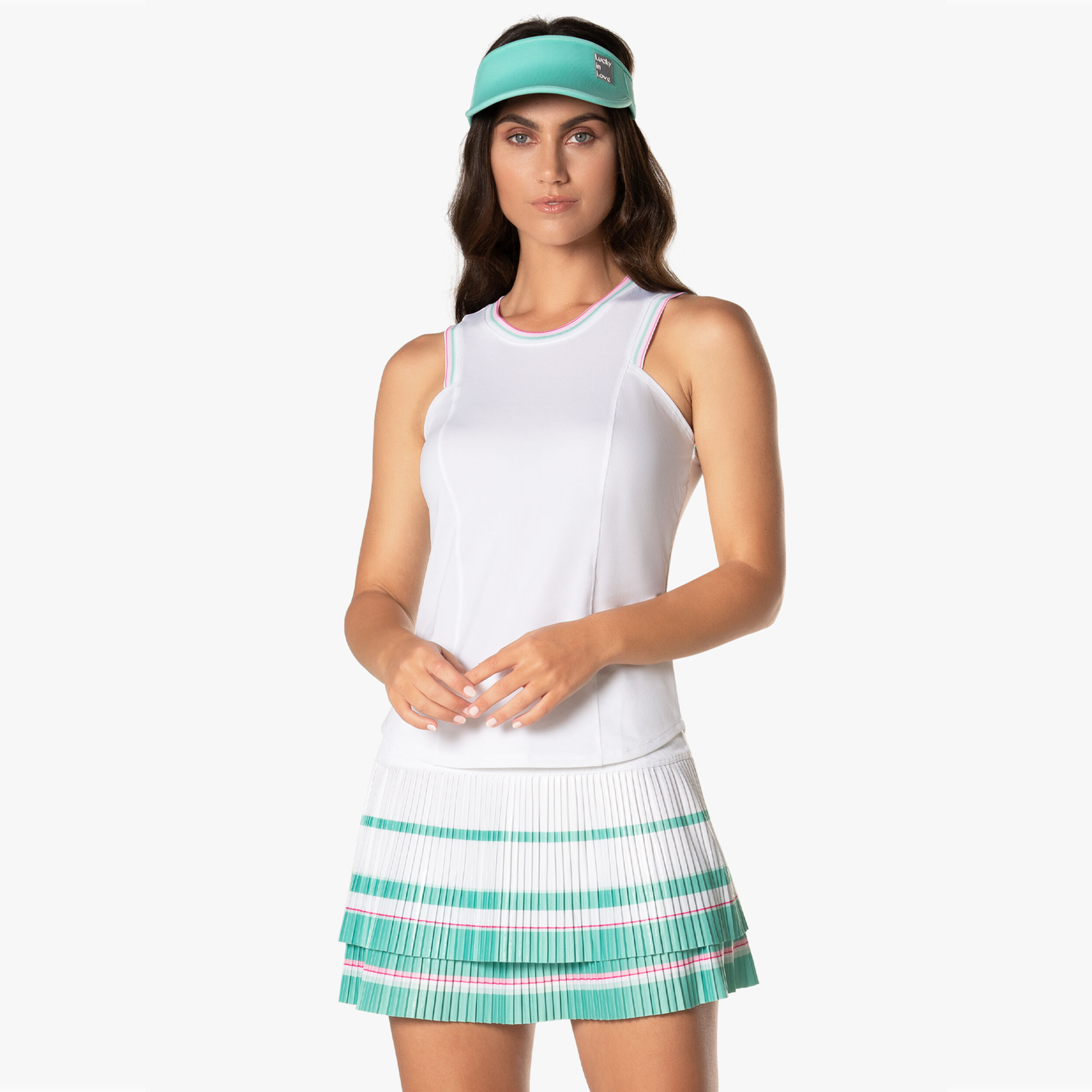 Long Deco Stripe Pleated Rock Damen - Weiß, Mehrfarbig