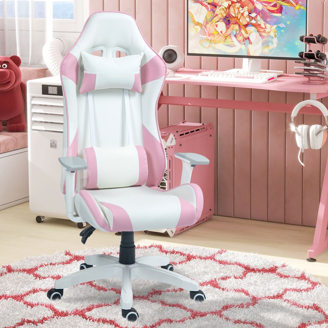 HOMCOM Gaming Stuhl Bürostuhl Ergonomisch mit Lendenkissen, Kopfkissen Rosa