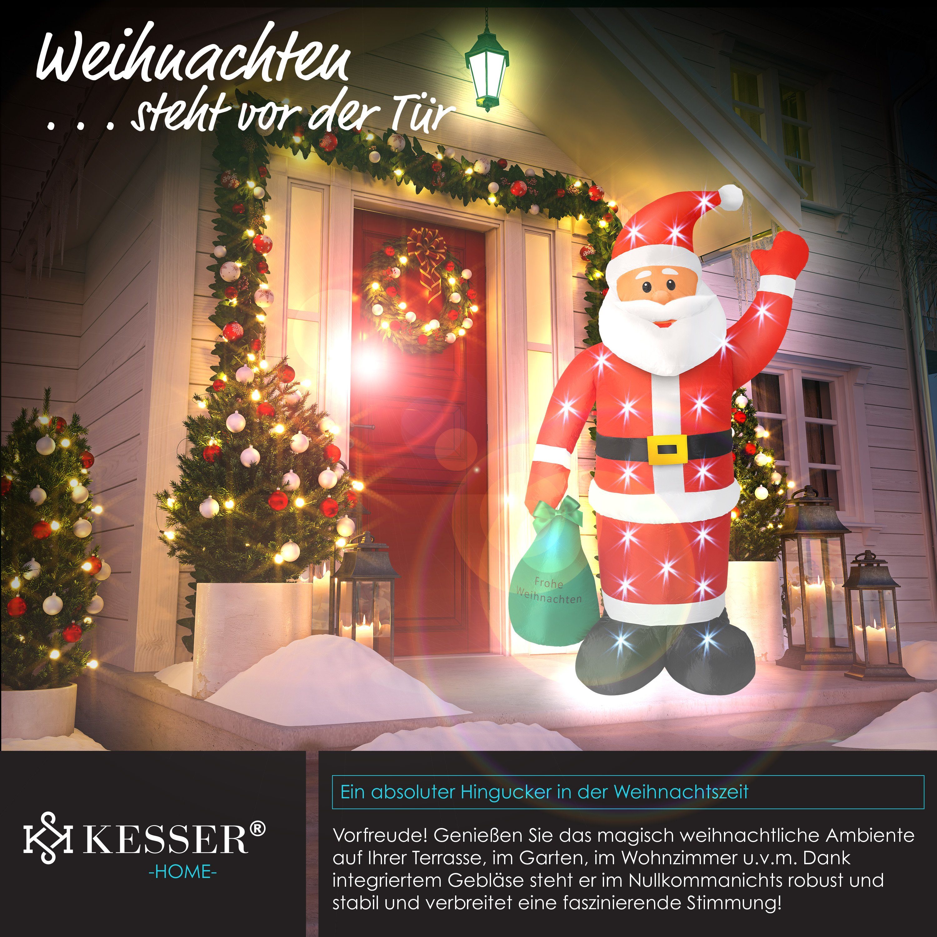 KESSER Weihnachtsfigur, Aufblasbarer Weihnachtsmann XXL LED beleuchtet + Befestigung