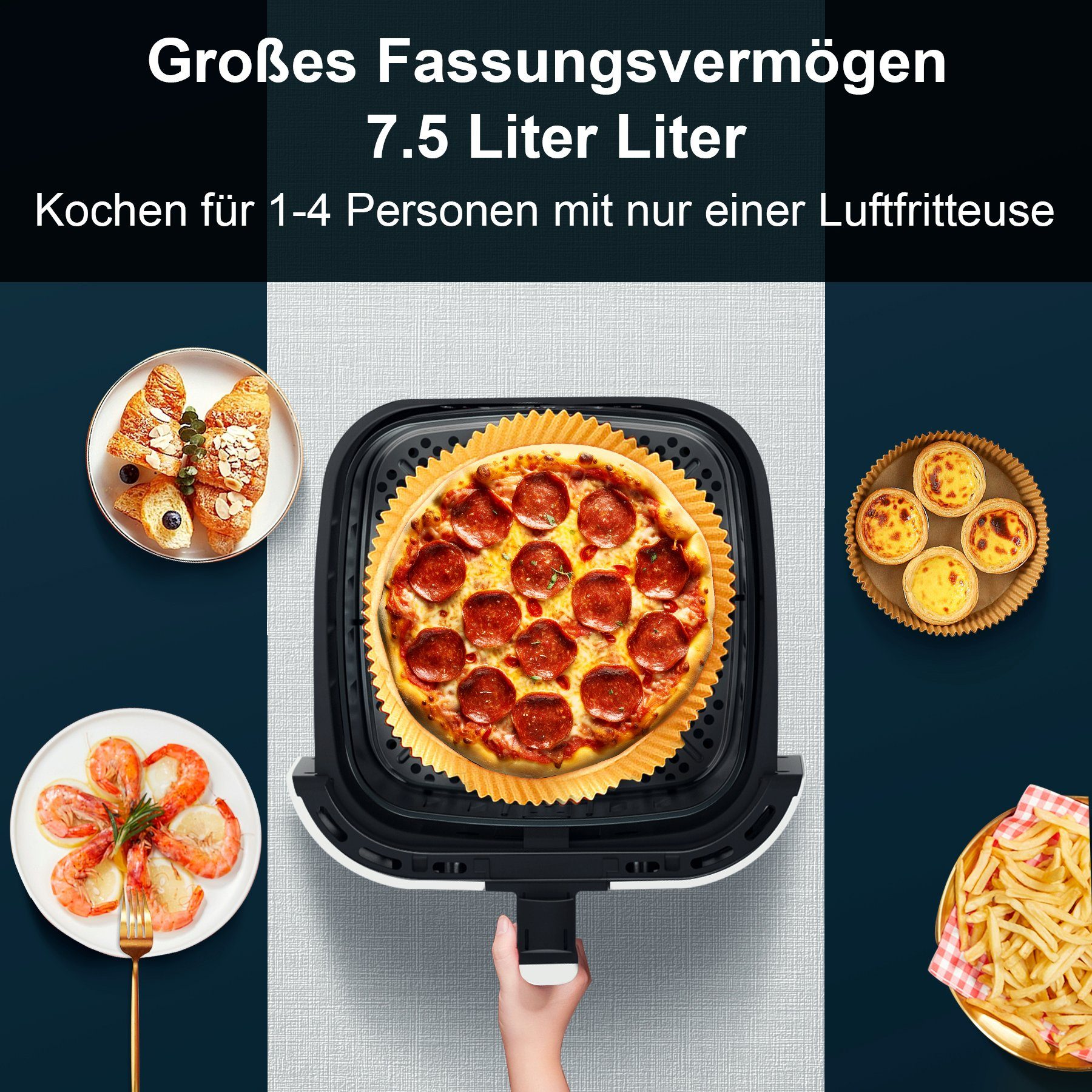 Senmudi Heißluftfritteuse Air fryer 7.5L XXL,Fritteuse ohne Öl,LED-Touchscreen,10 Programme, 1800W,Gesunde Heißluftfritteuse,Küchengerät für fettarmes Frittieren