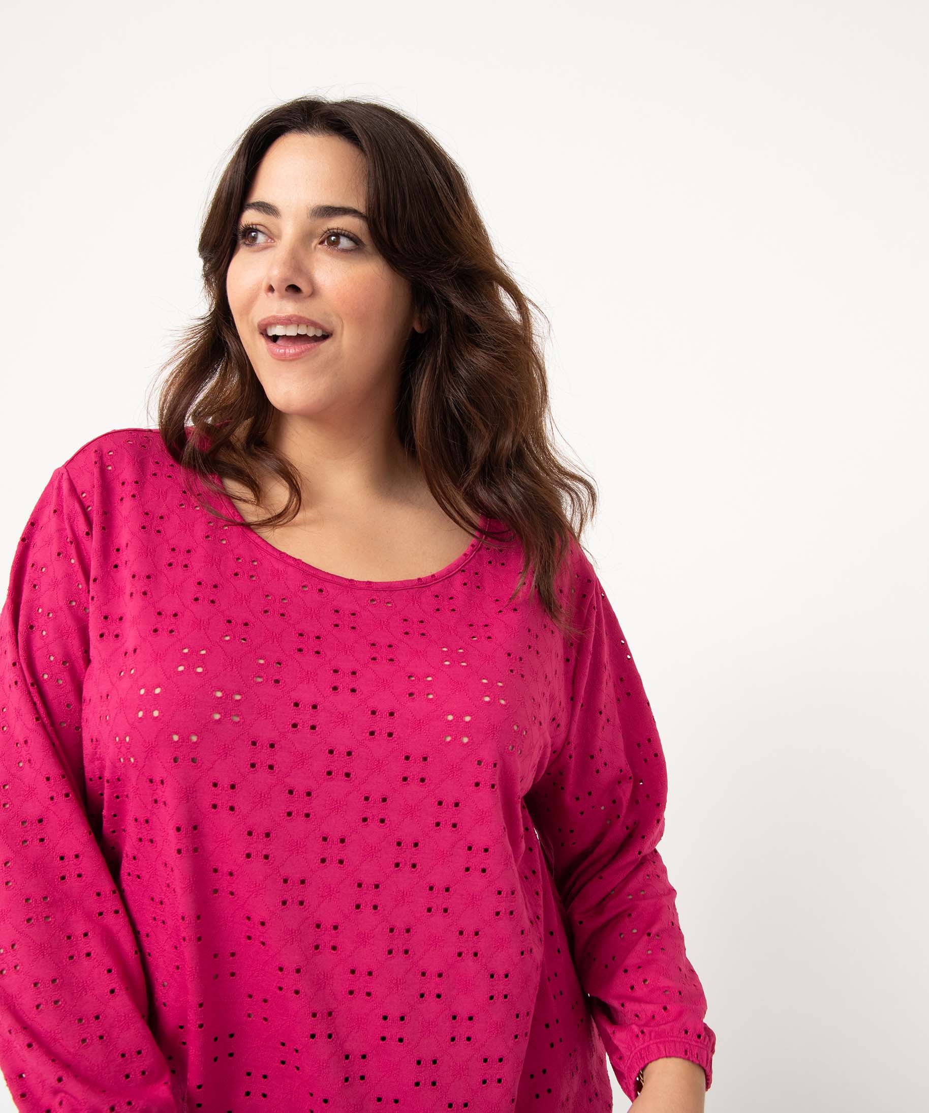 Tee-shirt femme grande taille ajouré à manches 3/4 rose | GEMO