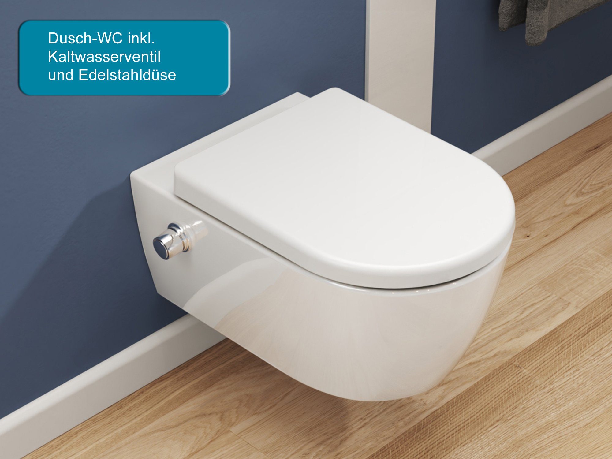 SSWW Dusch-WC Design Keramik Hänge-WC Wand WC Spülrandlos Taharat, wandhängend, Dusch-WC inkl. WC-Sitz abnehmbar, Düse und Kaltwasserventil