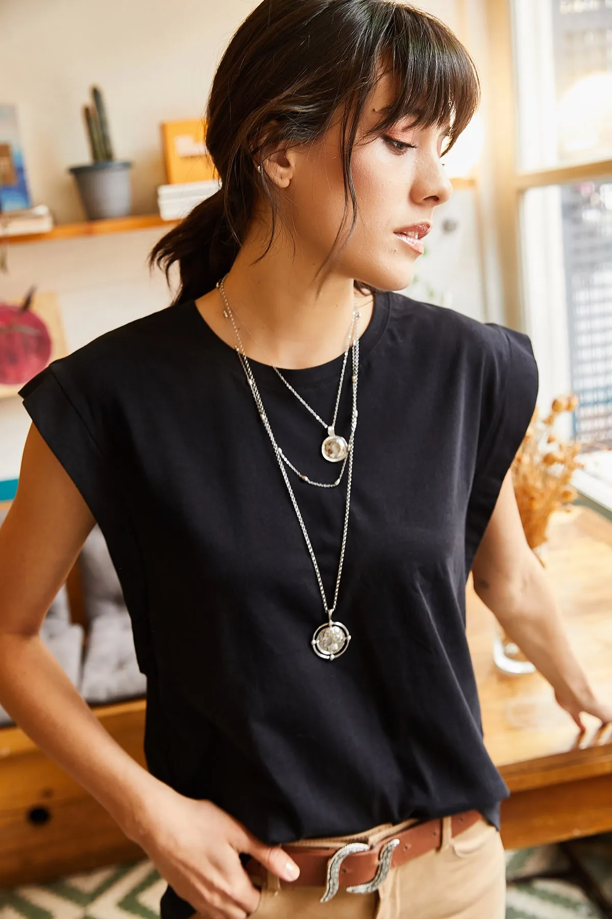Olalook  Schwarzes Achselstück-Fledermaus-T-Shirt für Damen TSH-19000330