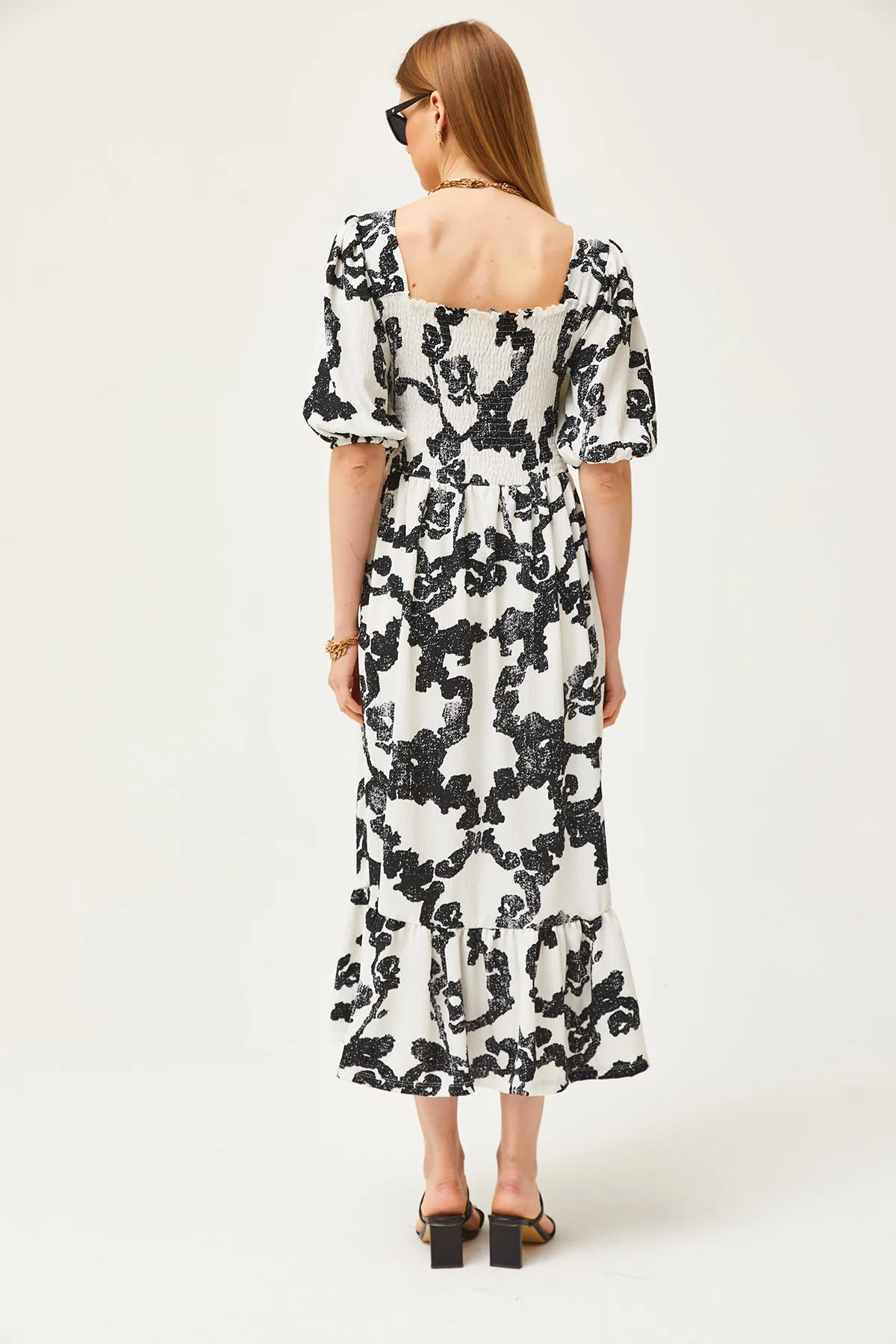 Olalook  Ecru-schwarzes Robe Gimped Midi-Strickkleid für Damen ELB-19002108