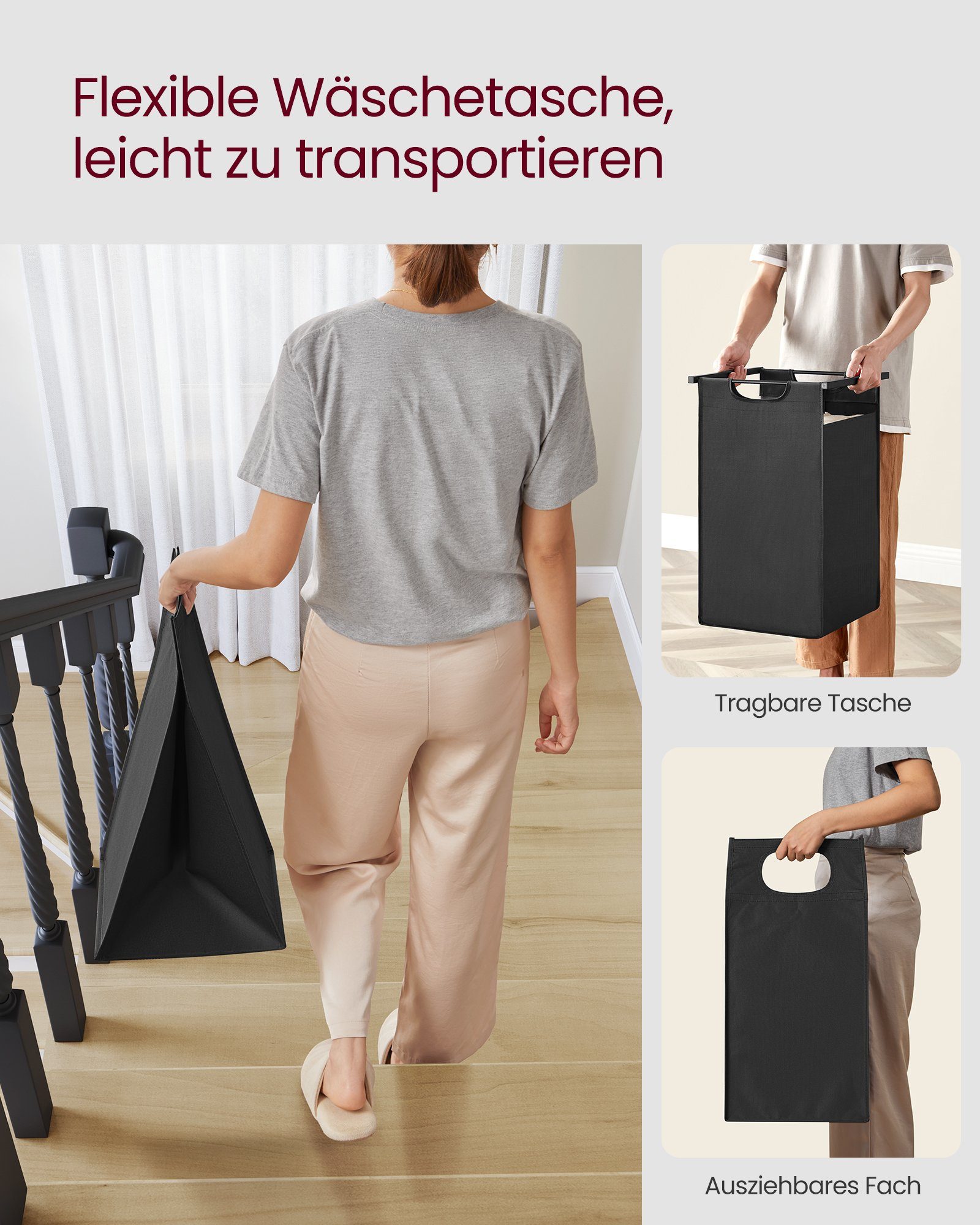 VASAGLE Wäschekorb, 2 Wäschesäcke aus Oxford-Gewebe, abnehmbar, 2 x 46 L