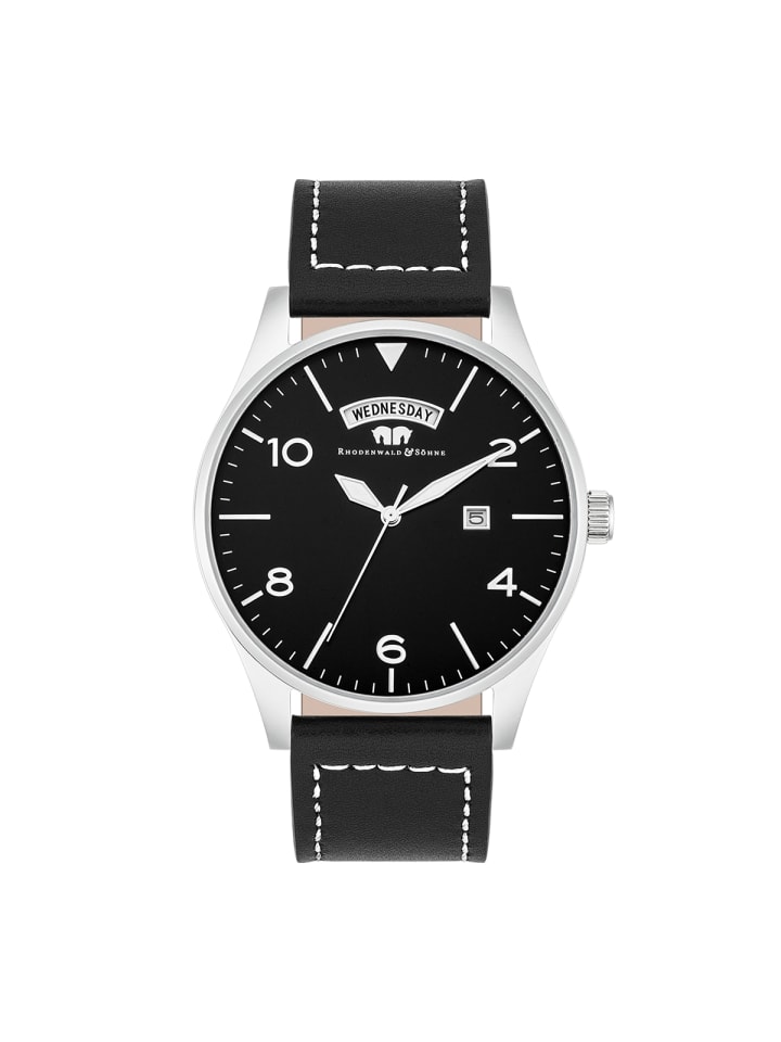Rhodenwald & Söhne Herren Chronograph silber Echtleder schwarz in schwarz günstig kaufen 24 cm