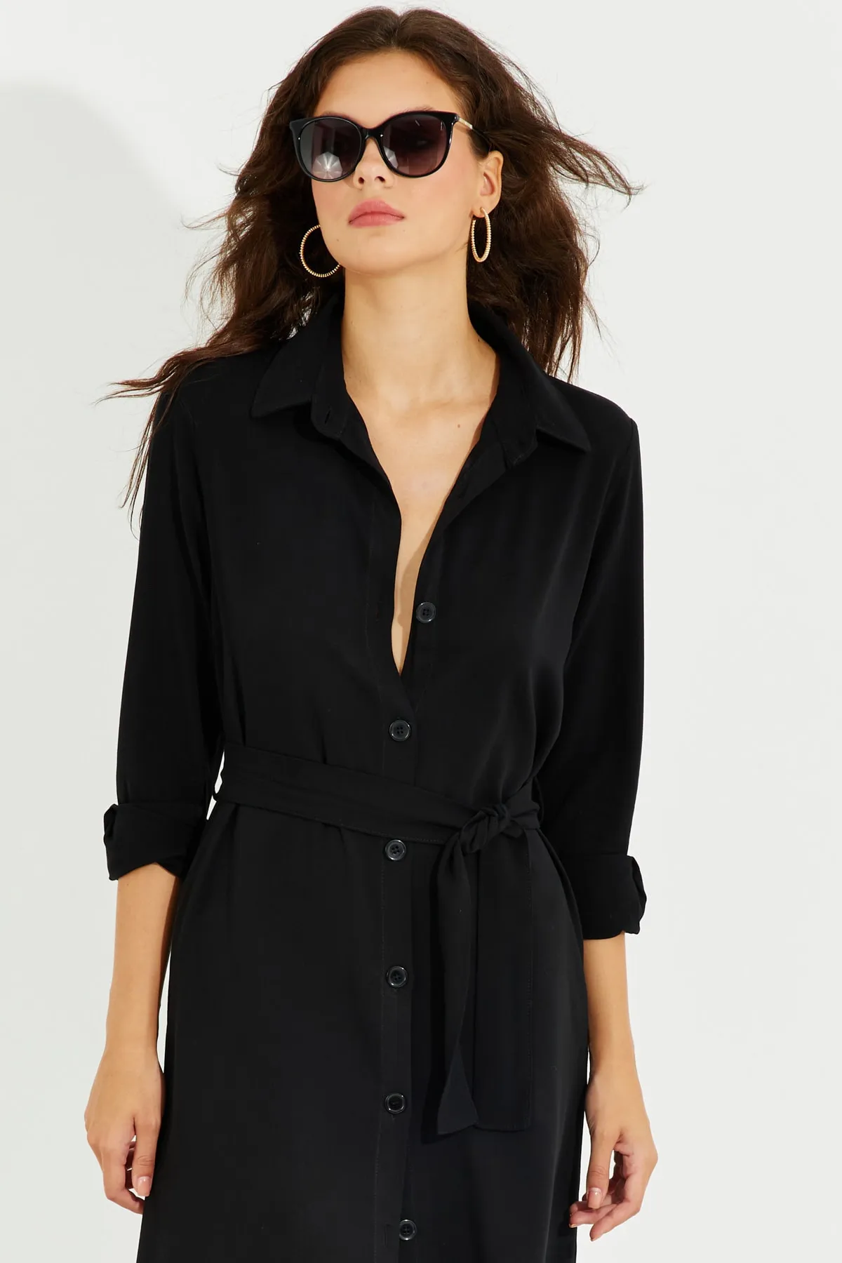 Cool & Sexy  Schwarzes Midi-Hemdkleid mit Tasche für Damen BK1683