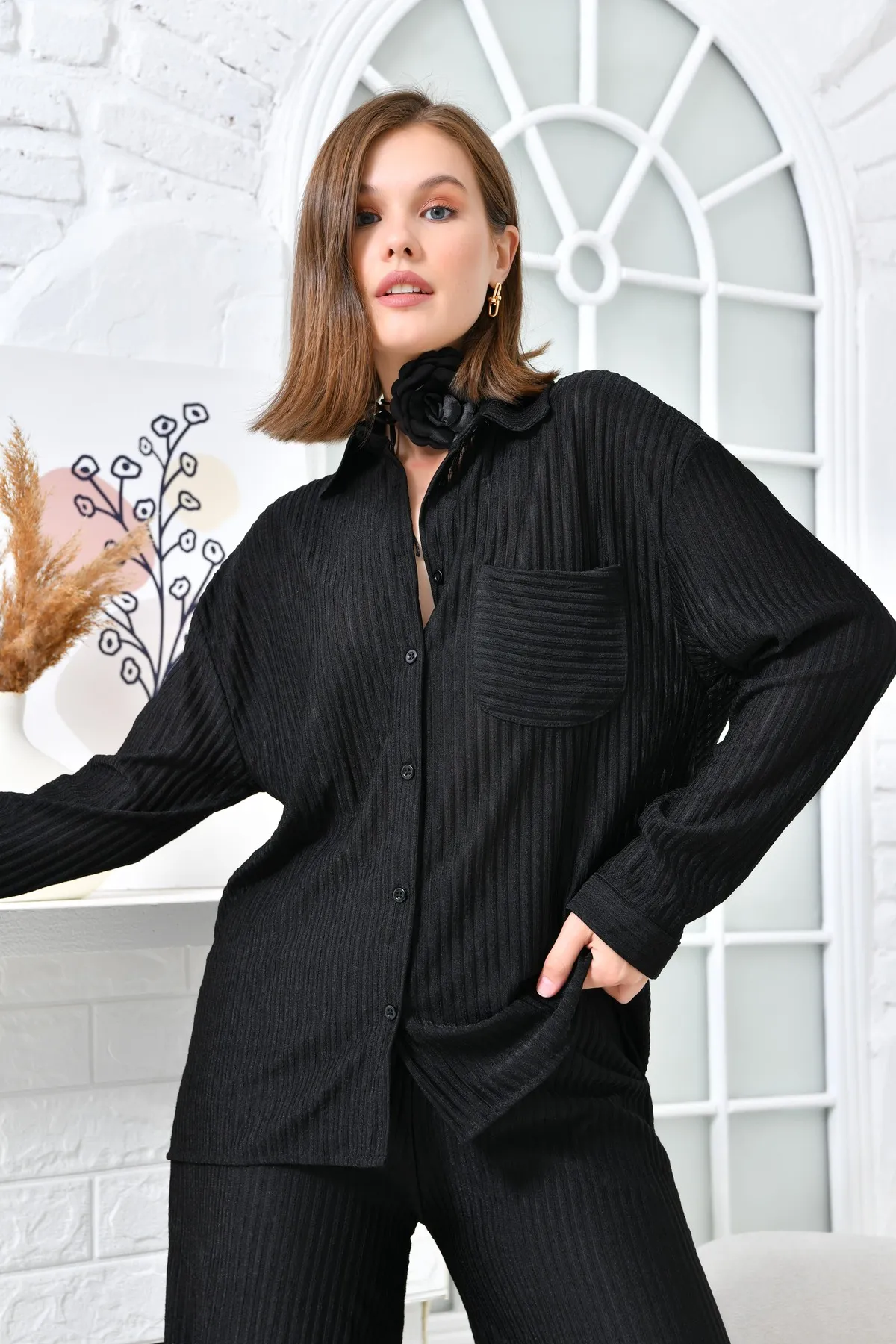 VOLT CLOTHİNG  Damen-Hosenset mit weitem Bein und Brusttasche