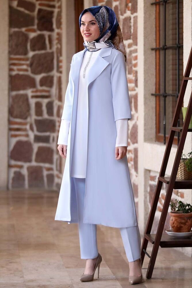 Modavitrini Anzug 3-teilig Damen Tunika Anzug Dreiteiler Sakko Longtunika mit Hose Hijab Mode (Set, Sakko & Bluse & Hose) Armdetail