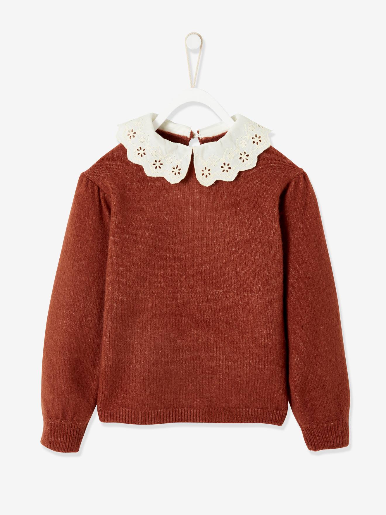 Pull fantaisie col en broderie anglaise fille cacao