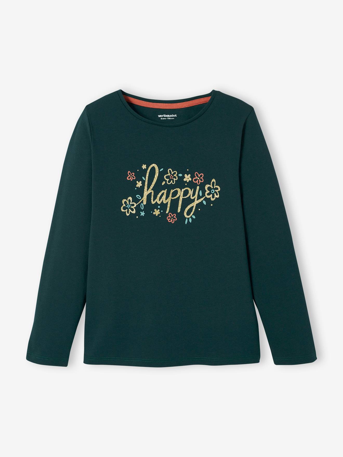 T-shirt Basics message irisé fille manches longues bleu marine