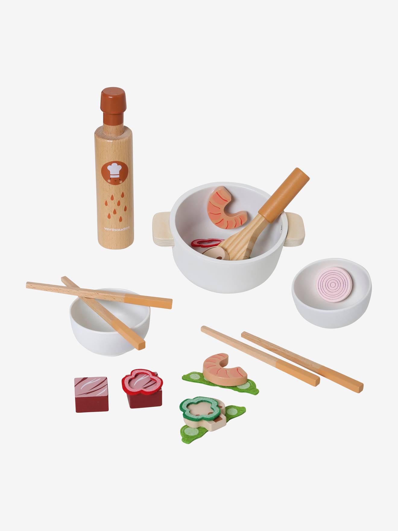 Vertbaudet Kinder Koch-Set mit Wok, Holz FSC - beige