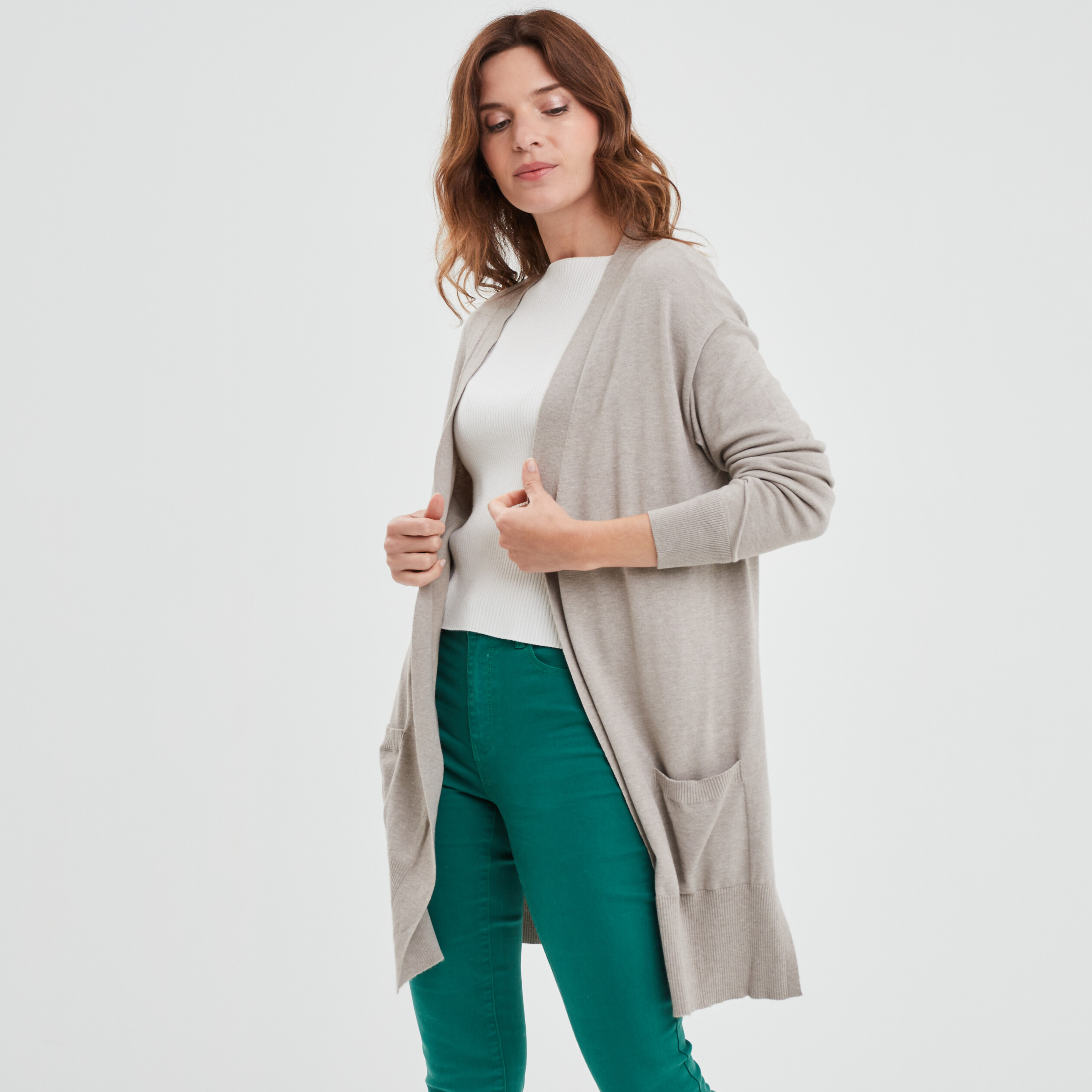 Gilet mi-long manches longues beige femme | La Halle