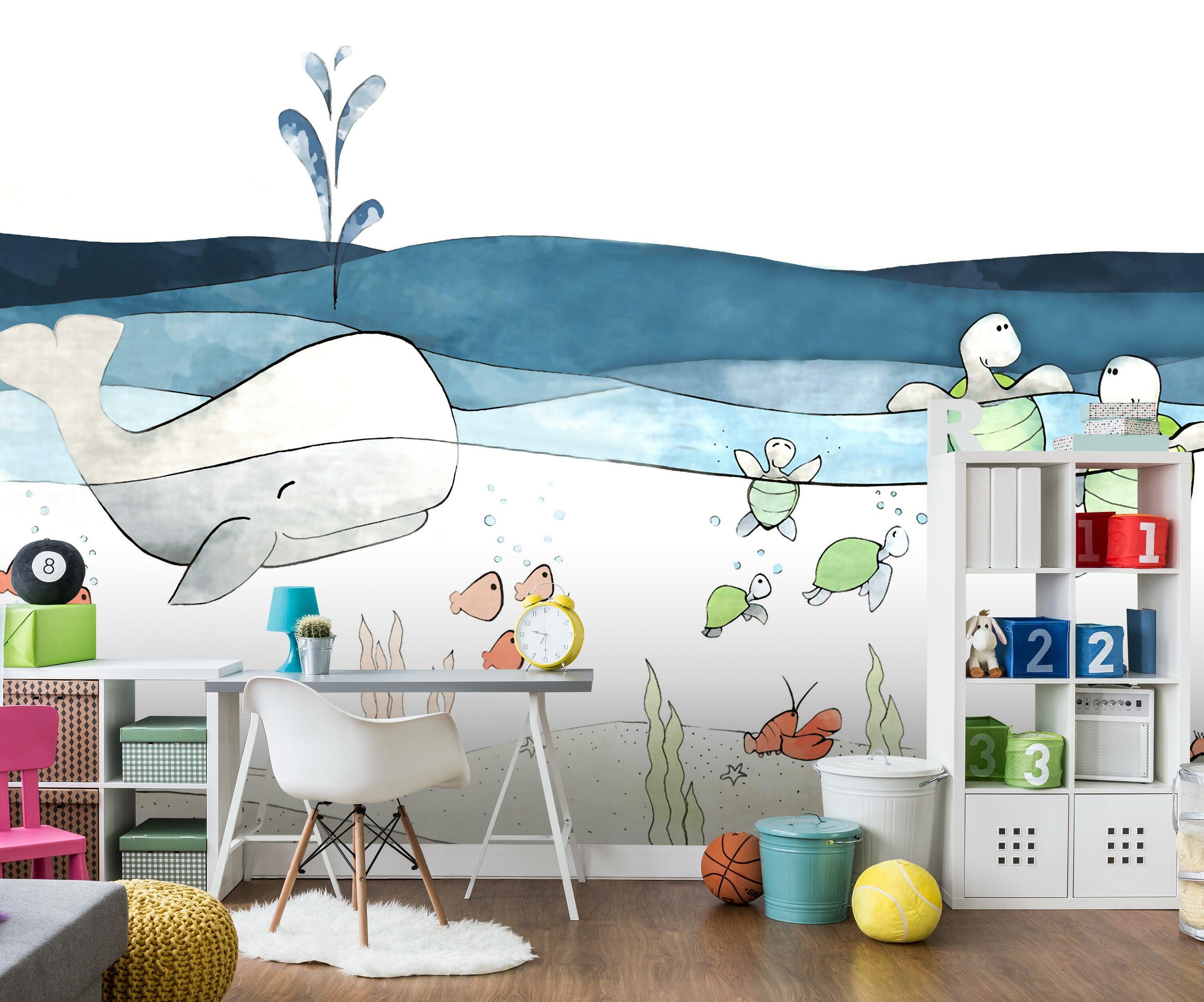 wandmotiv24 Fototapete Kinderzimmer Wasser Wal Schildkröte, glatt, Wandtapete, Motivtapete, matt, Vliestapete